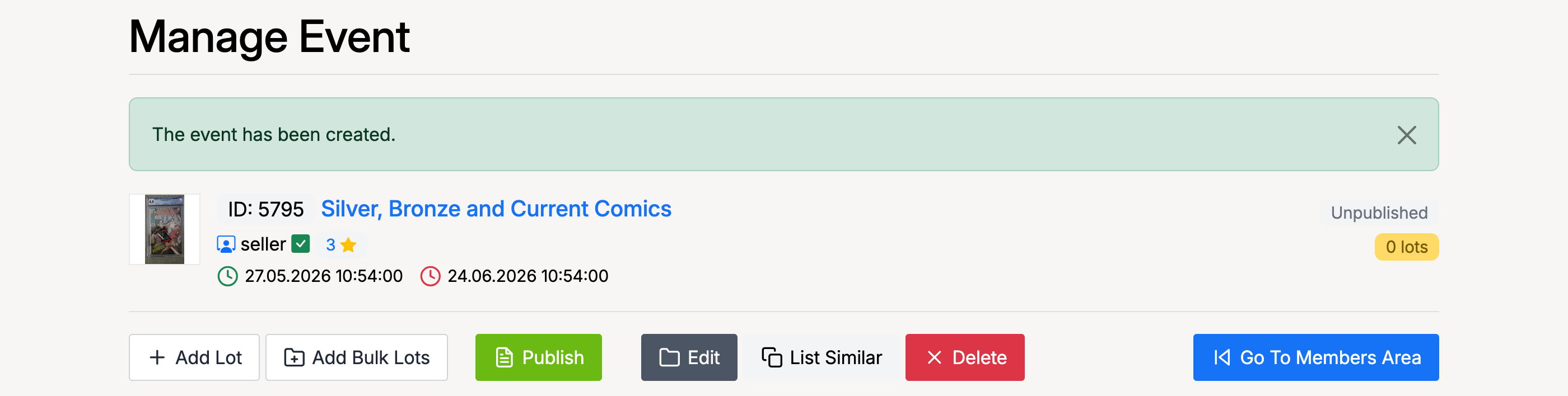 PHP Pro Bid — Manage Event page showing a newly created event with Add Lot, Add Bulk Lots, Publish, Edit, and Delete buttons