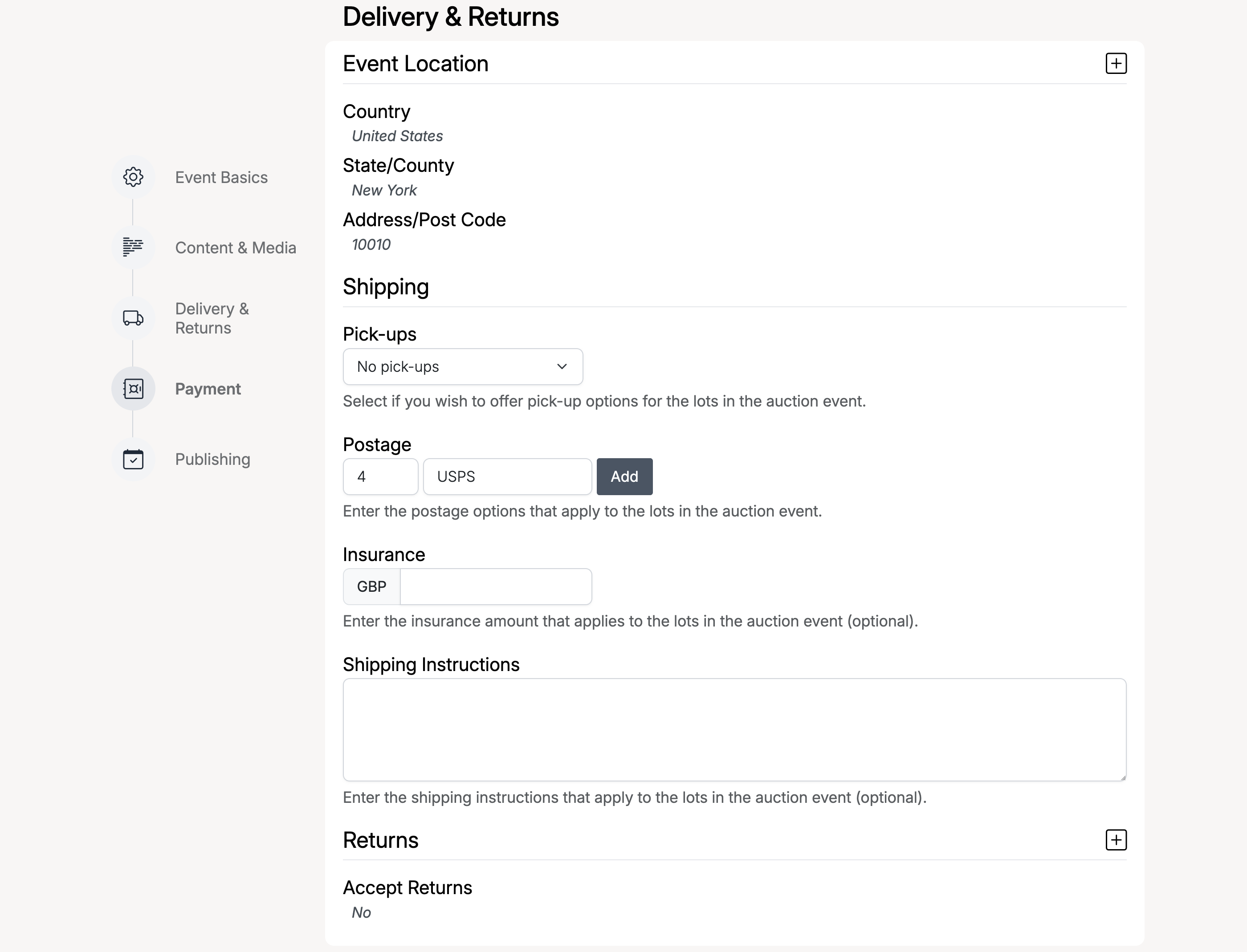 PHP Pro Bid — Create Auction Event, Delivery & Returns step with location, shipping, pick-ups, postage, insurance, and returns