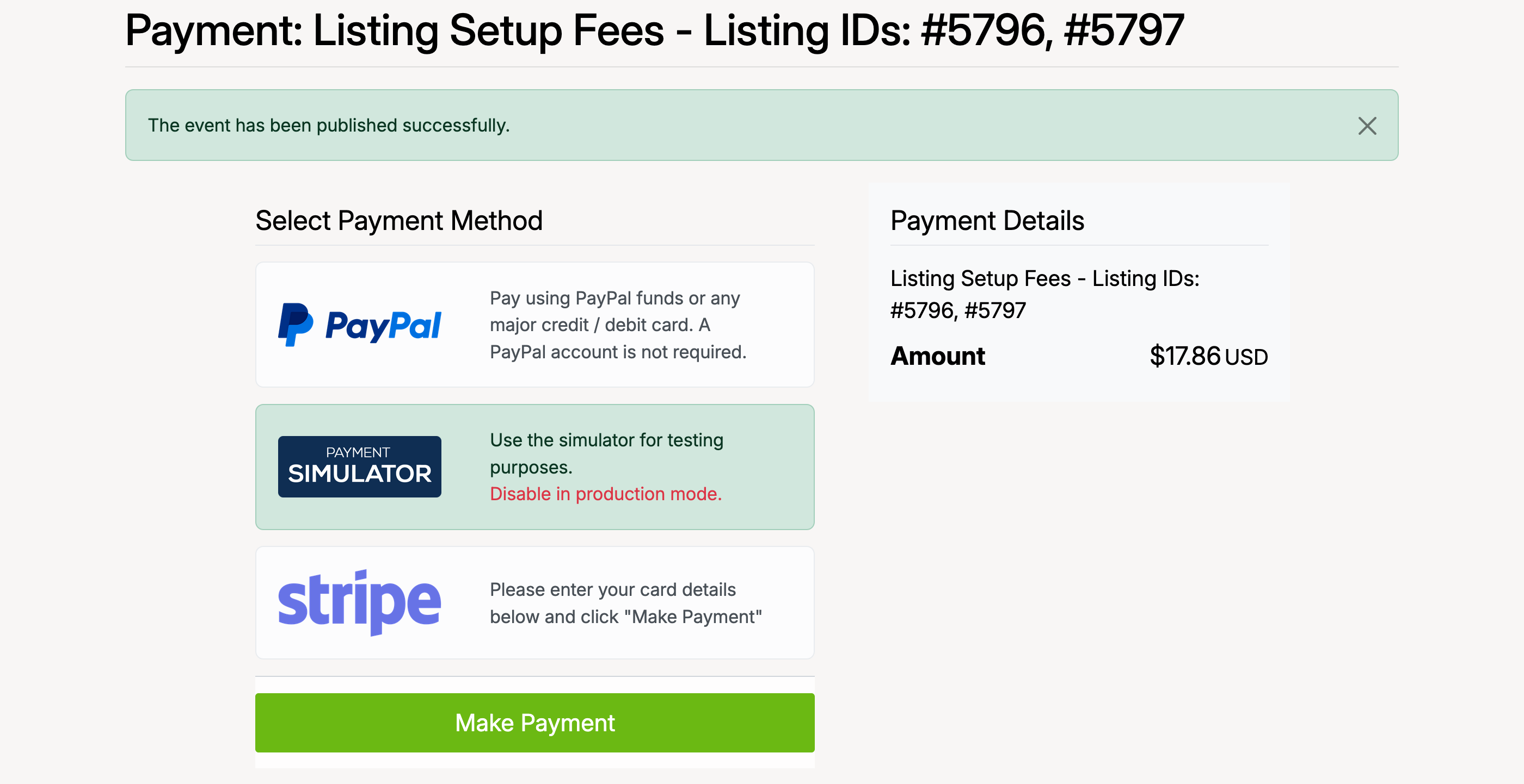 PHP Pro Bid — Listing Setup Fees payment page for event lots, showing PayPal, Payment Simulator, and Stripe options with total amount