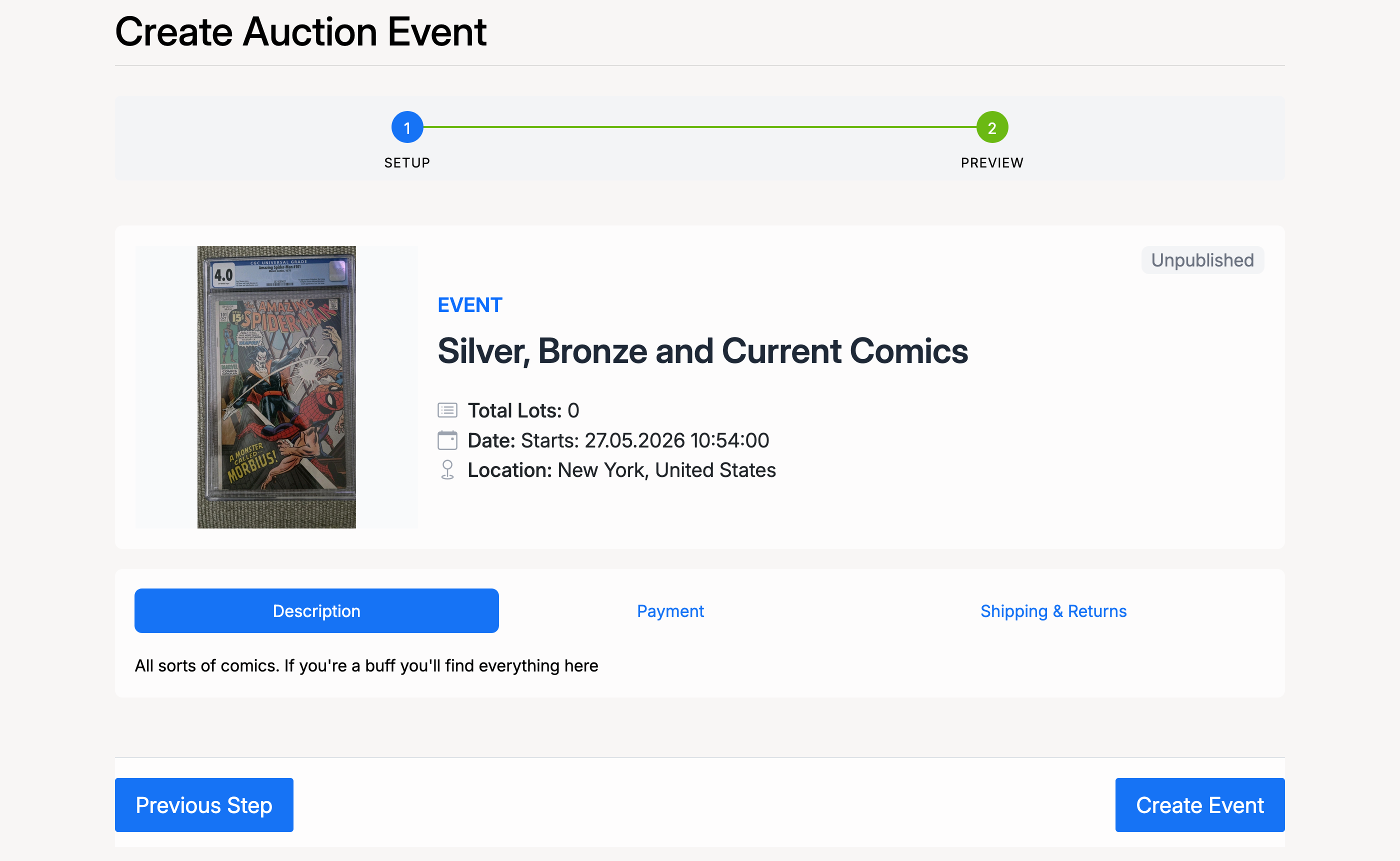 PHP Pro Bid — Create Auction Event preview showing event details with Description, Payment, and Shipping & Returns tabs