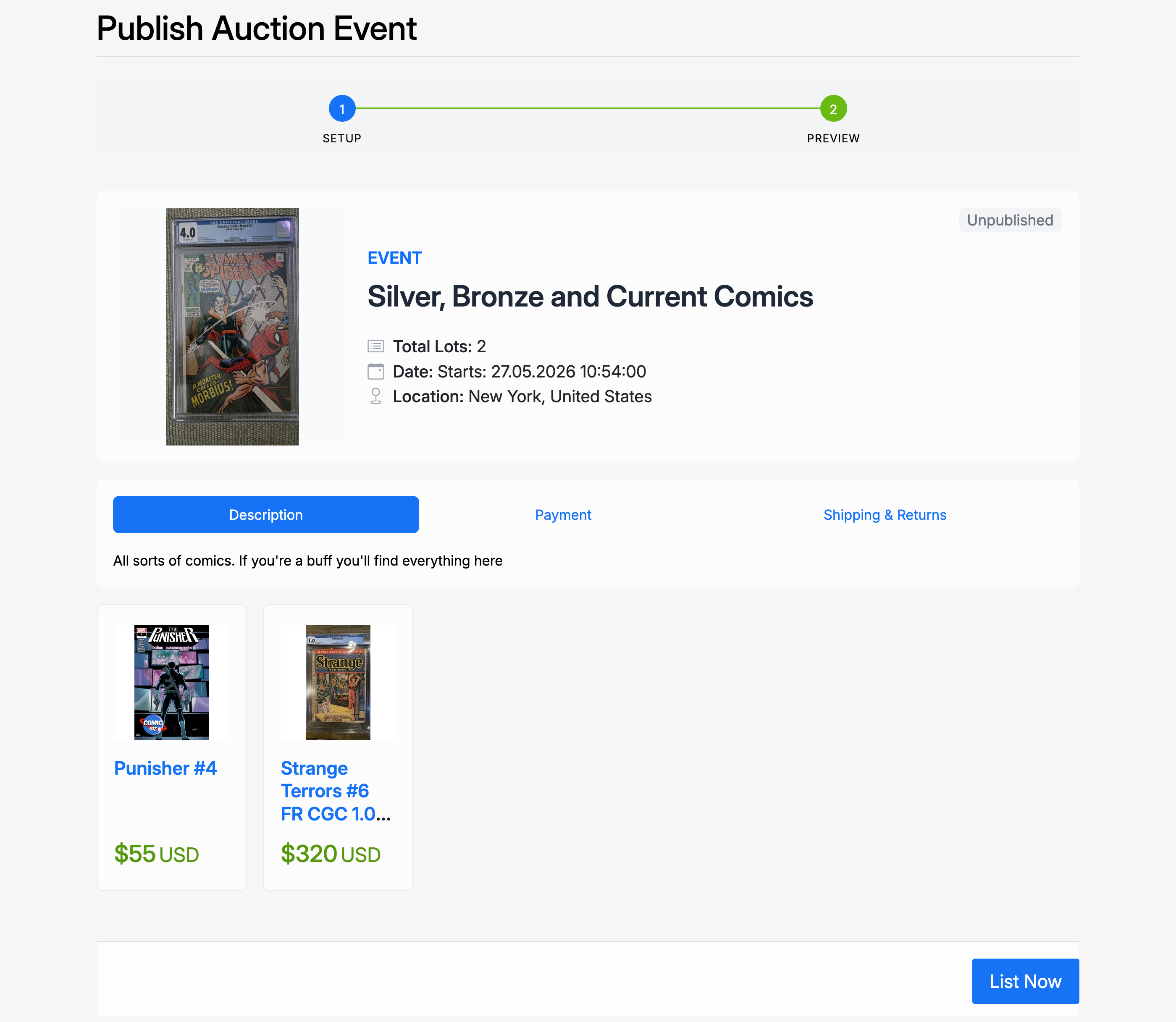 PHP Pro Bid — Publish Auction Event preview showing event details, 2 lots with thumbnails and prices, and a List Now button