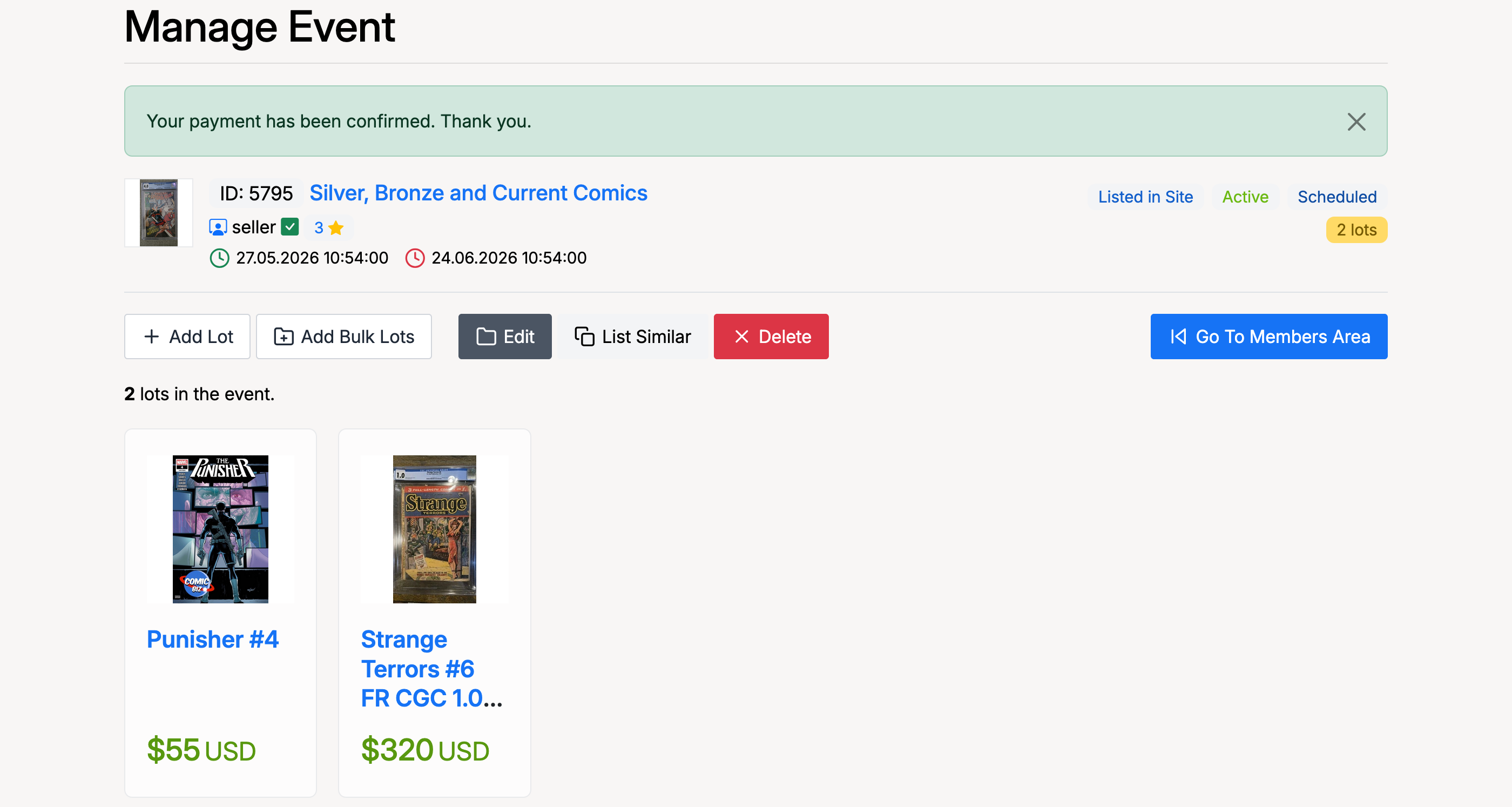 PHP Pro Bid — Manage Event page showing a published event with Active and Scheduled status, 2 lots, and management buttons