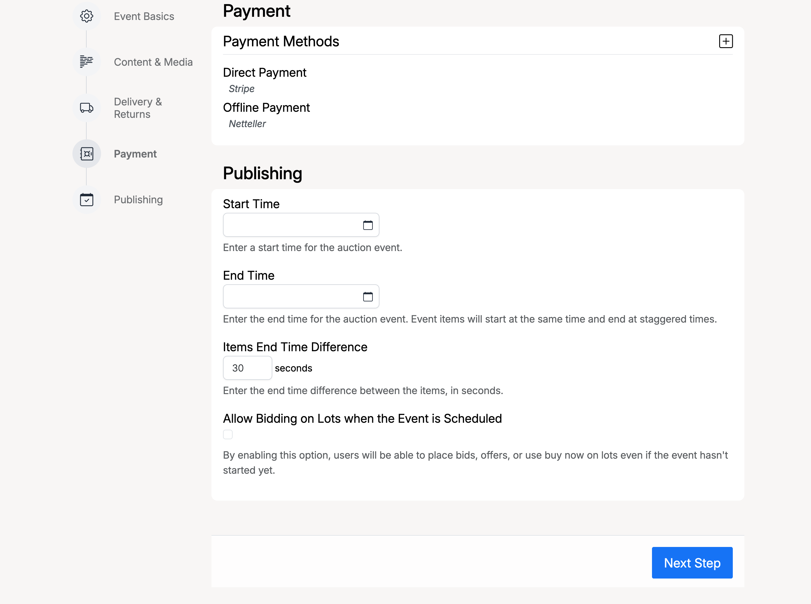 PHP Pro Bid — Create Auction Event, Payment & Publishing step with payment methods, start/end time, items end time difference, and allow bidding option
