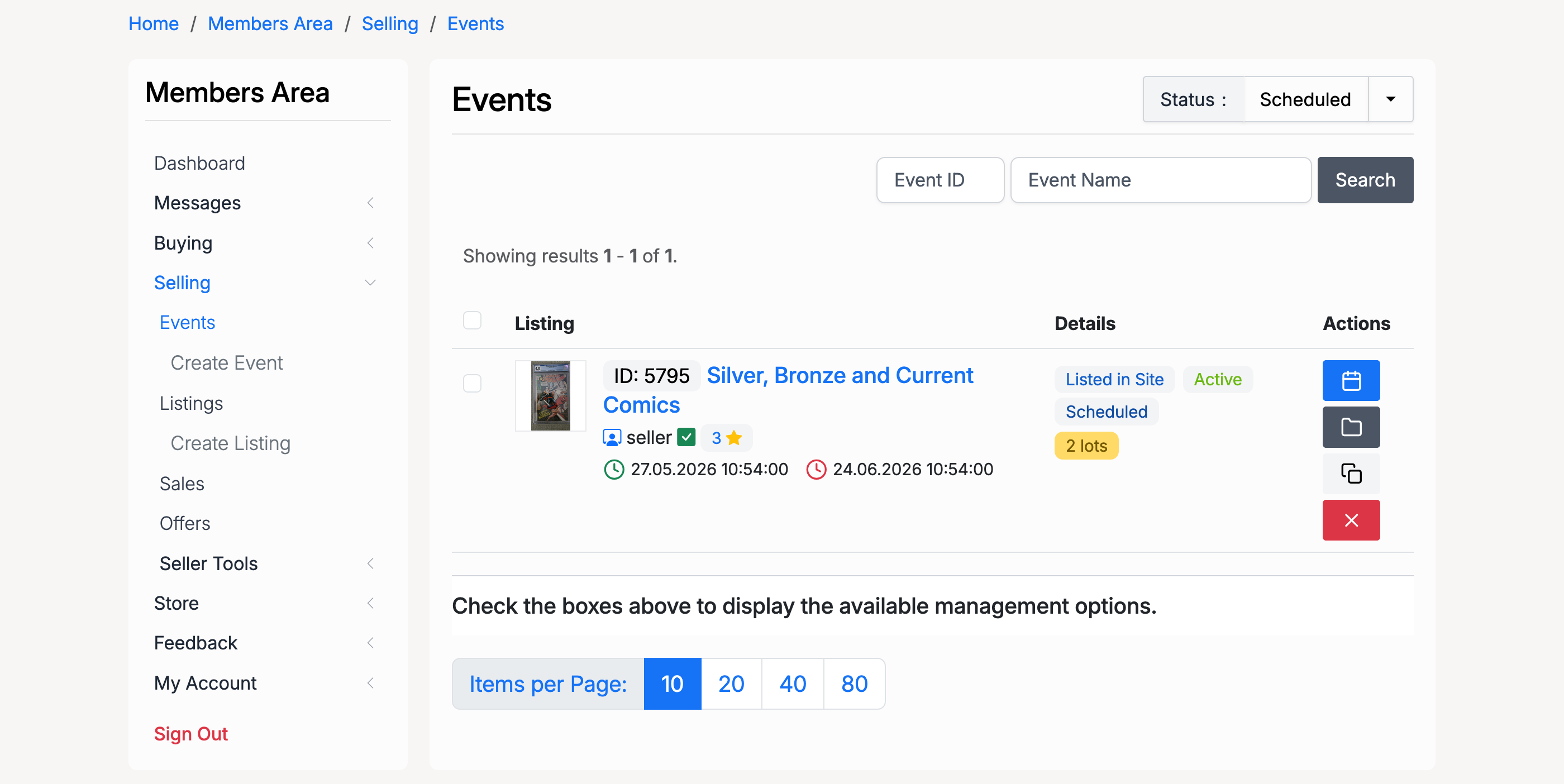 PHP Pro Bid — Events list in Members Area showing one scheduled event with status badges, dates, and lot count
