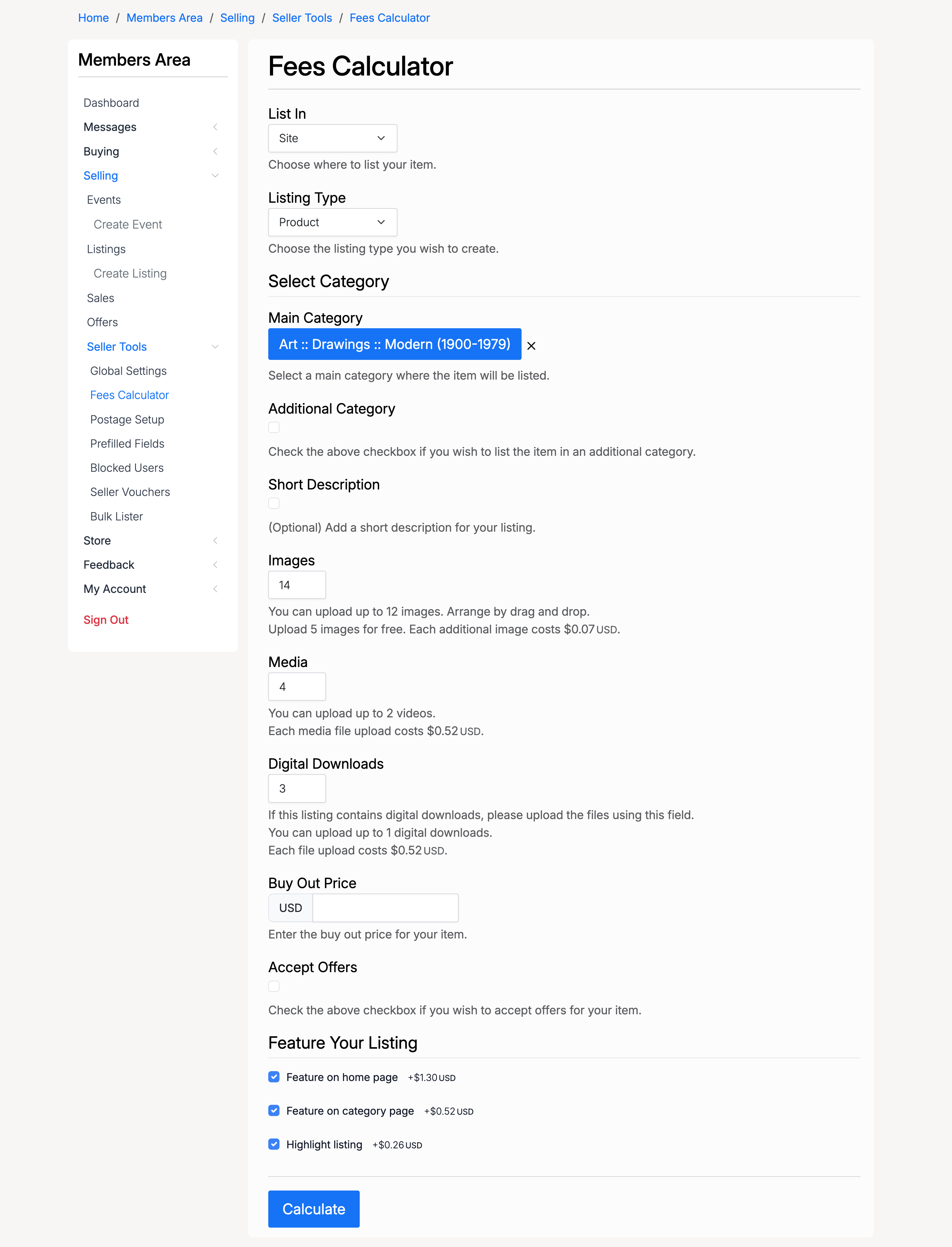PHP Pro Bid — Fees Calculator full form showing all fields: List In, Listing Type, Category, Short Description, Images, Media, Digital Downloads, Buy Out Price, Accept Offers, and Feature Your Listing