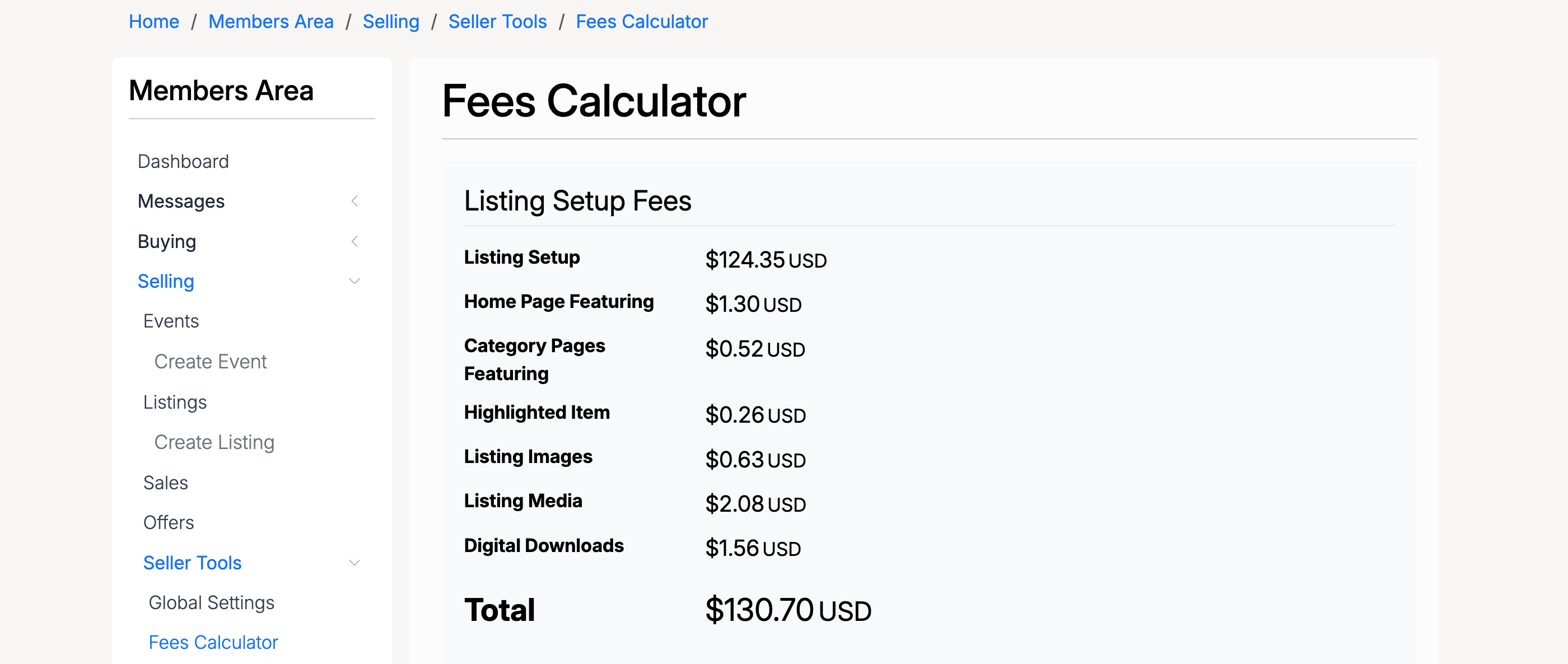 PHP Pro Bid — Fees Calculator results showing itemized breakdown of listing fees with a total