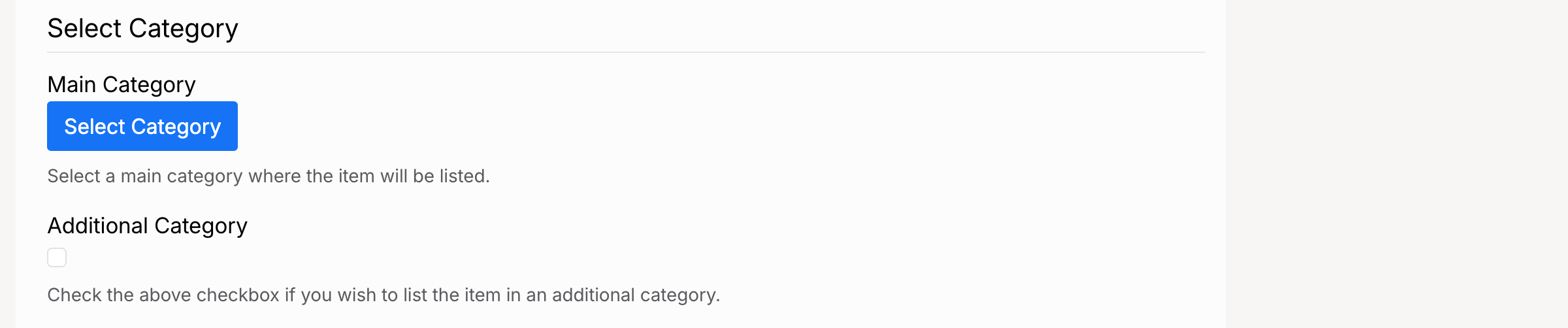 PHP Pro Bid — Select Category section showing Main Category button and Additional Category checkbox