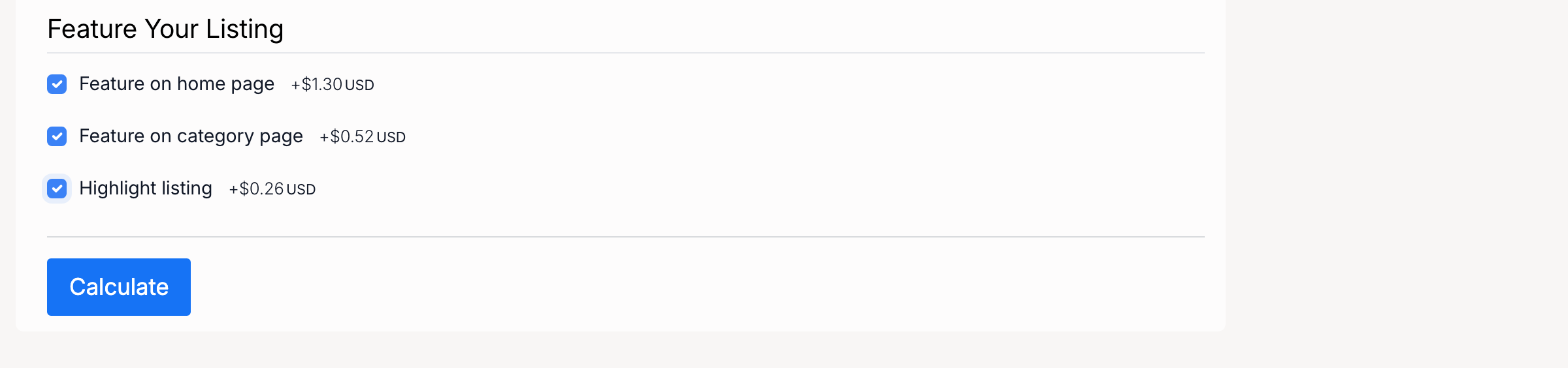 PHP Pro Bid — Feature Your Listing section with all three options checked: Feature on home page, Feature on category page, Highlight listing