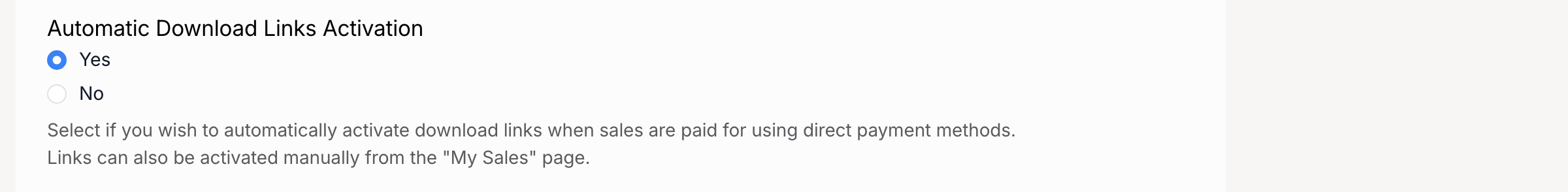 PHP Pro Bid — Automatic Download Links Activation setting with Yes and No radio options