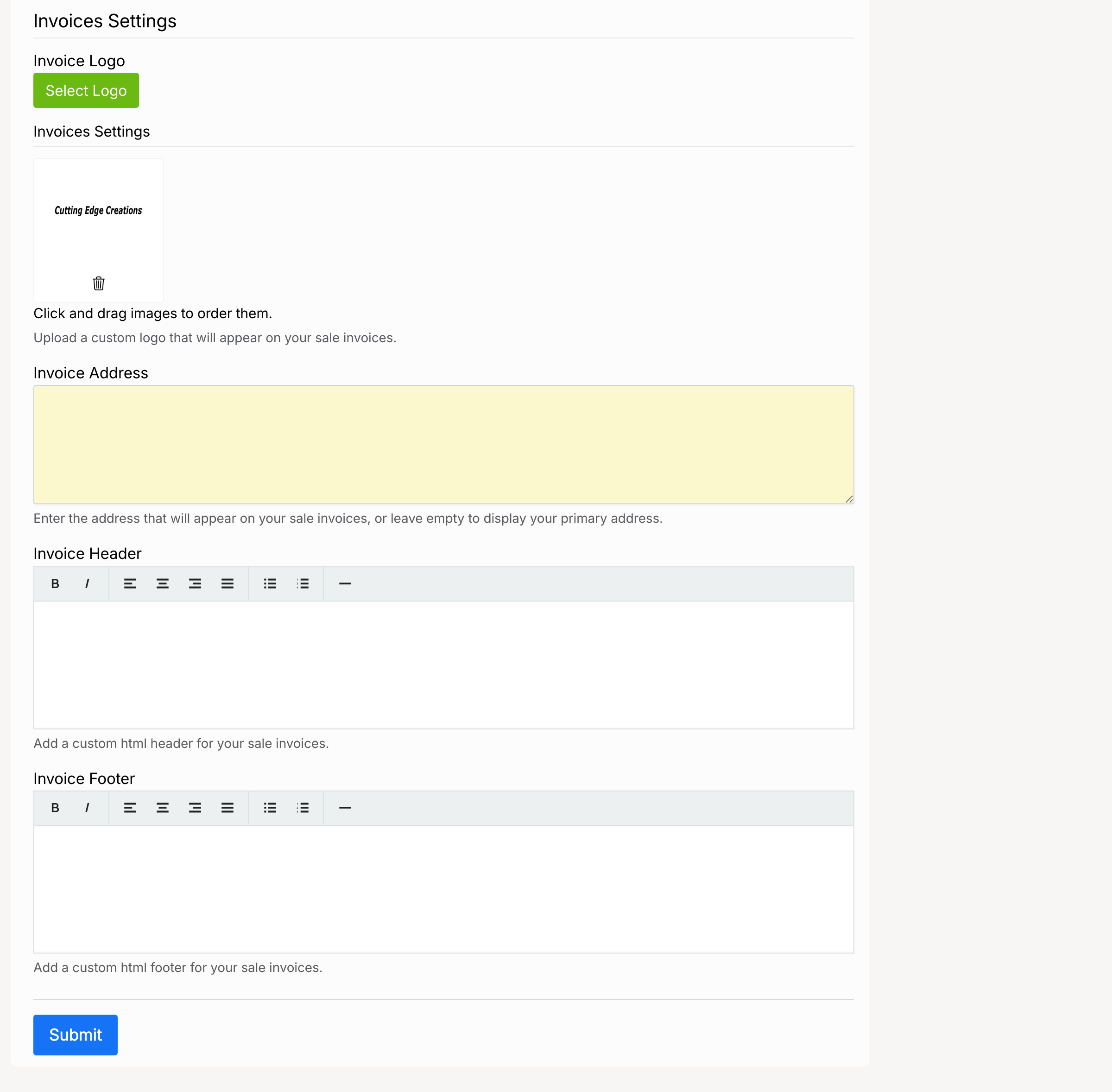 PHP Pro Bid — Invoices Settings section with Logo upload, Address, Header, and Footer fields