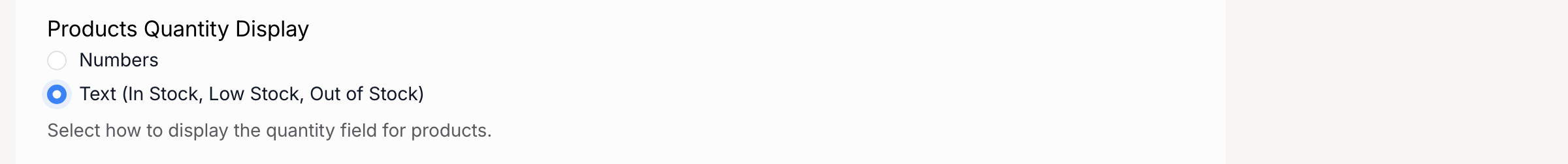 PHP Pro Bid — Products Quantity Display set to Text, showing Low Stock Threshold field