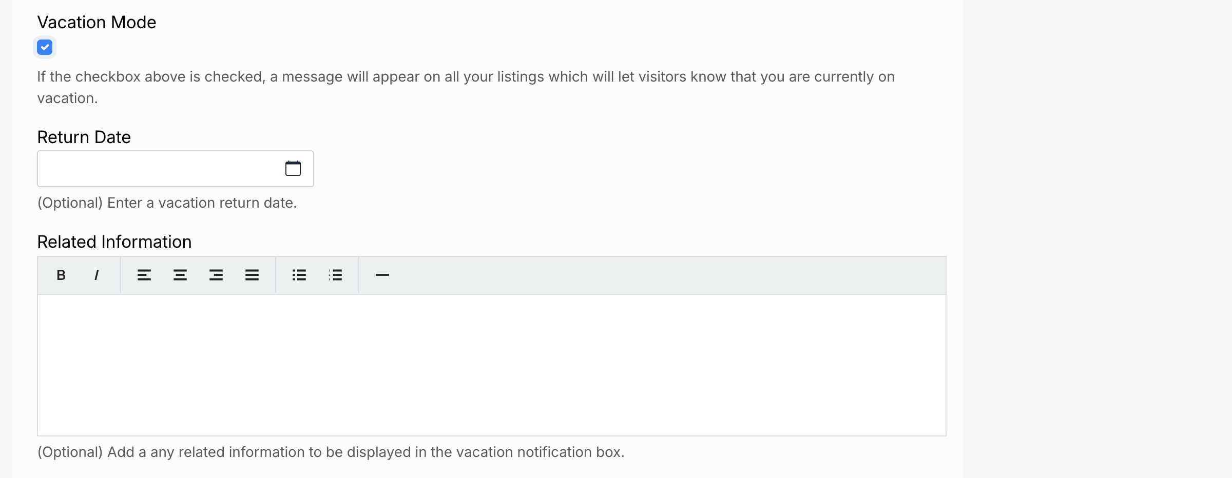 PHP Pro Bid — Vacation Mode enabled showing Return Date picker and Related Information text area