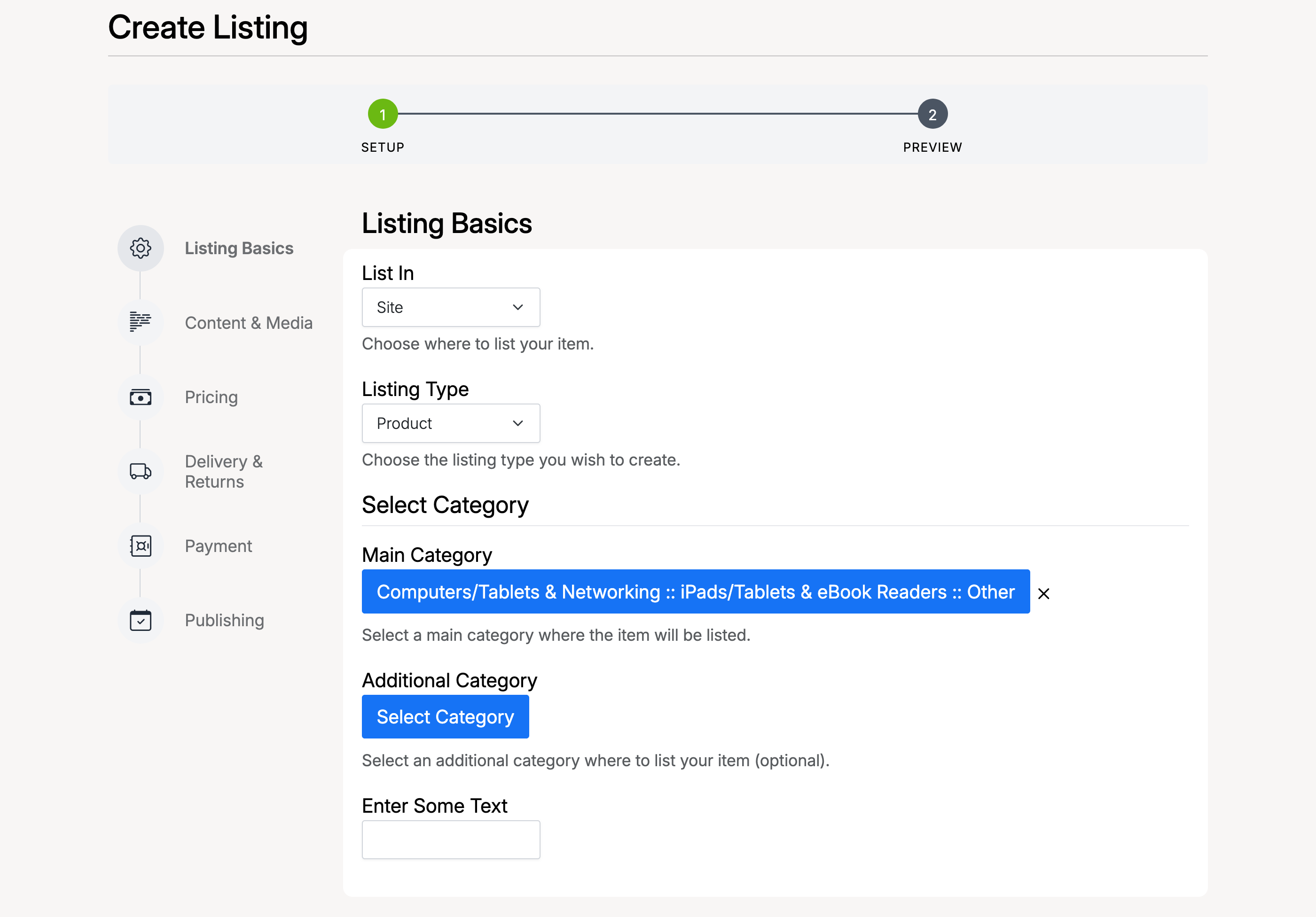 PHP Pro Bid — Create Listing form showing Listing Basics section with List In, Listing Type, Category, and Additional Category fields