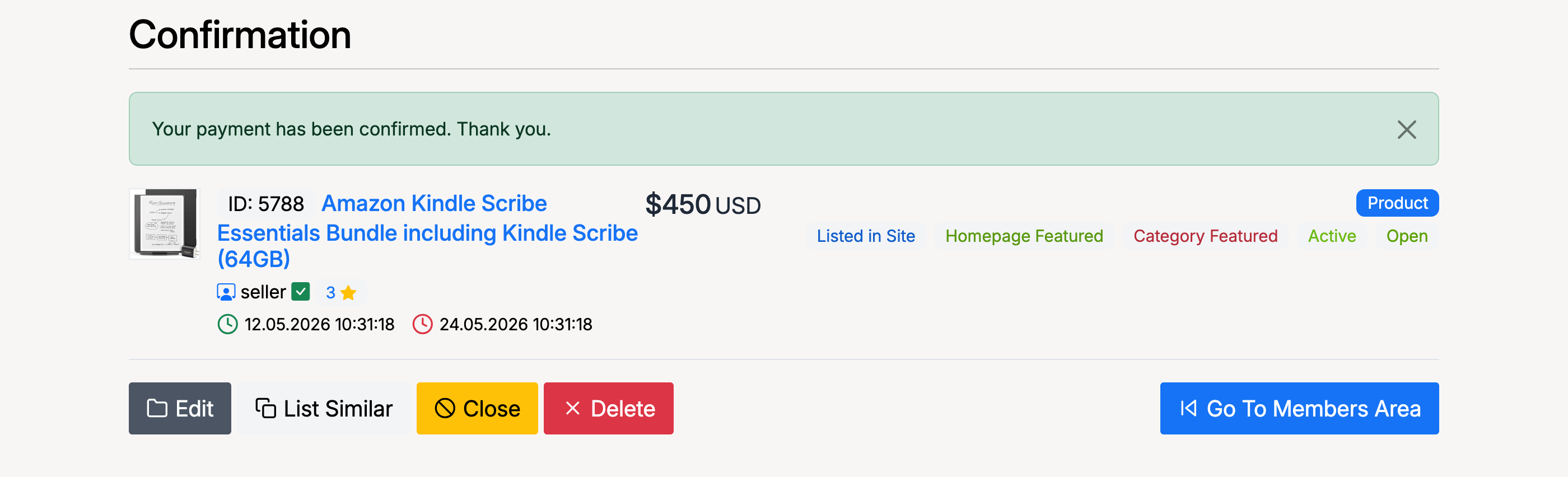 PHP Pro Bid — Listing confirmation showing payment confirmed message, listing ID, title, price, status, and action buttons (Edit, List Similar, Close, Delete)
