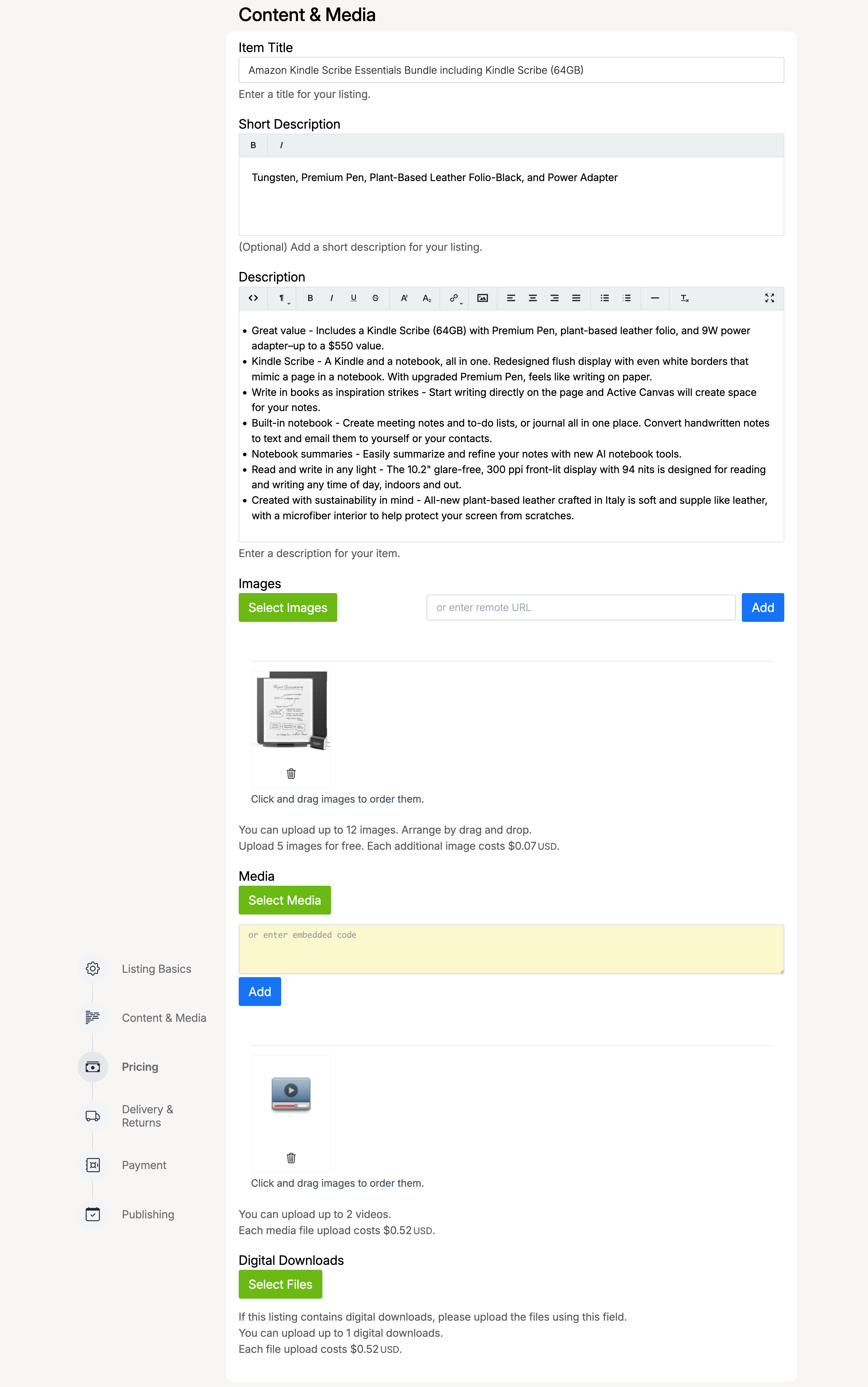 PHP Pro Bid — Content and Media section showing Item Title, Short Description, Description editor, Images upload, Media upload, and Digital Downloads