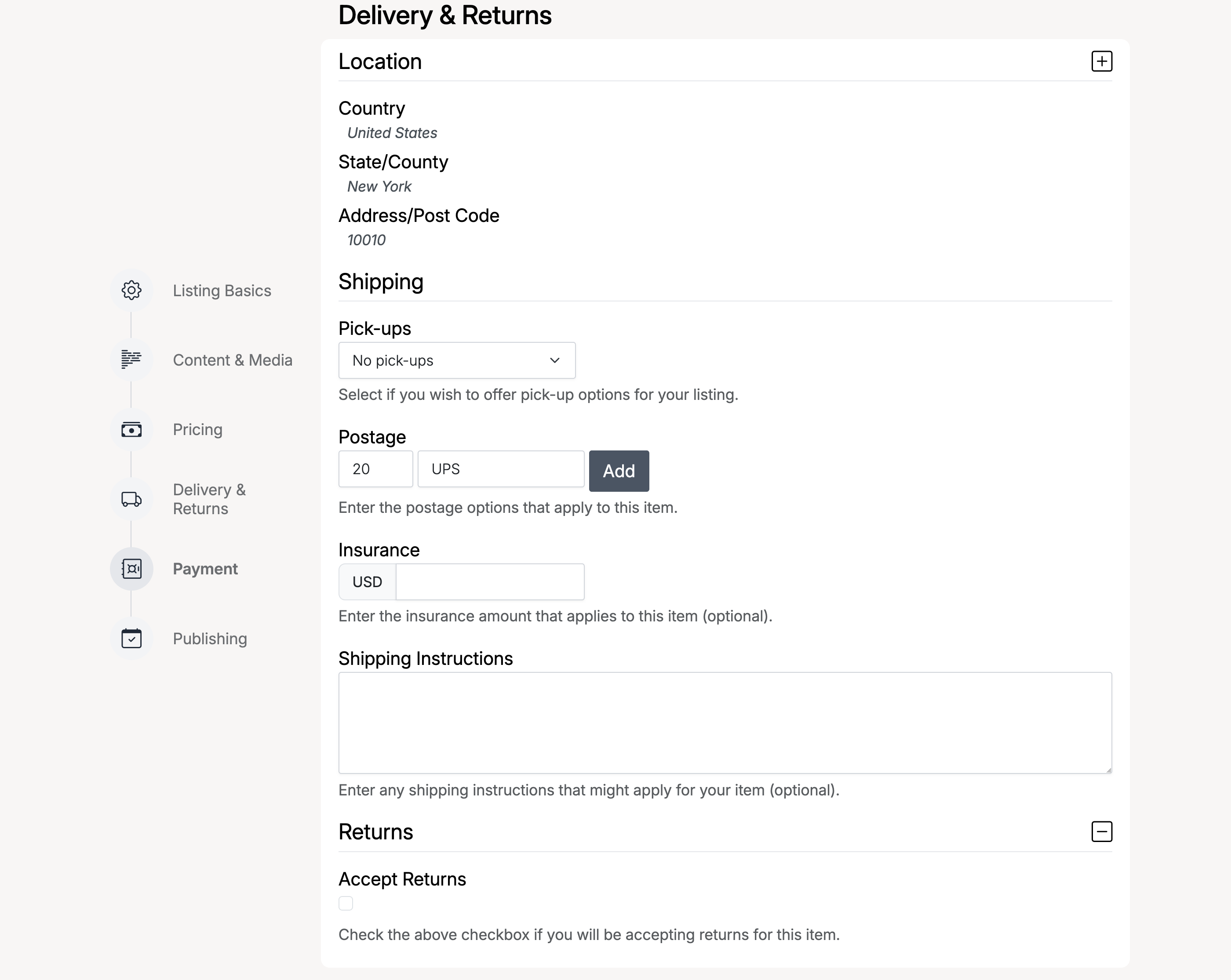 PHP Pro Bid — Delivery and Returns section showing Location fields, Shipping options with Pick-ups, Postage, Insurance, Shipping Instructions, and Returns policy