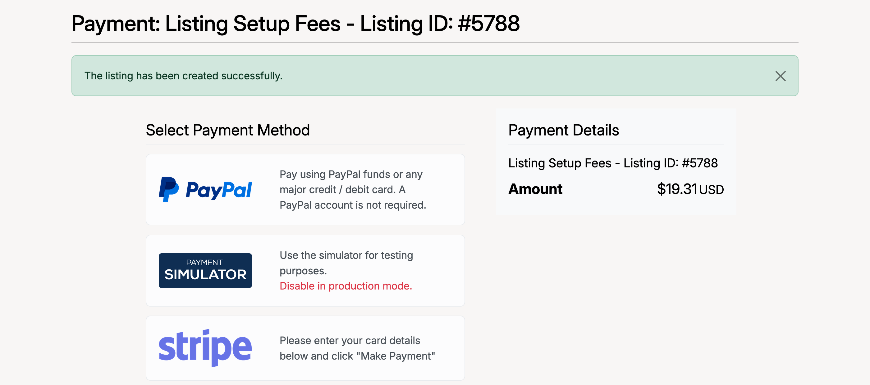 PHP Pro Bid — Listing Setup Fees payment page showing payment method options (PayPal, Payment Simulator, Stripe) and the fee amount