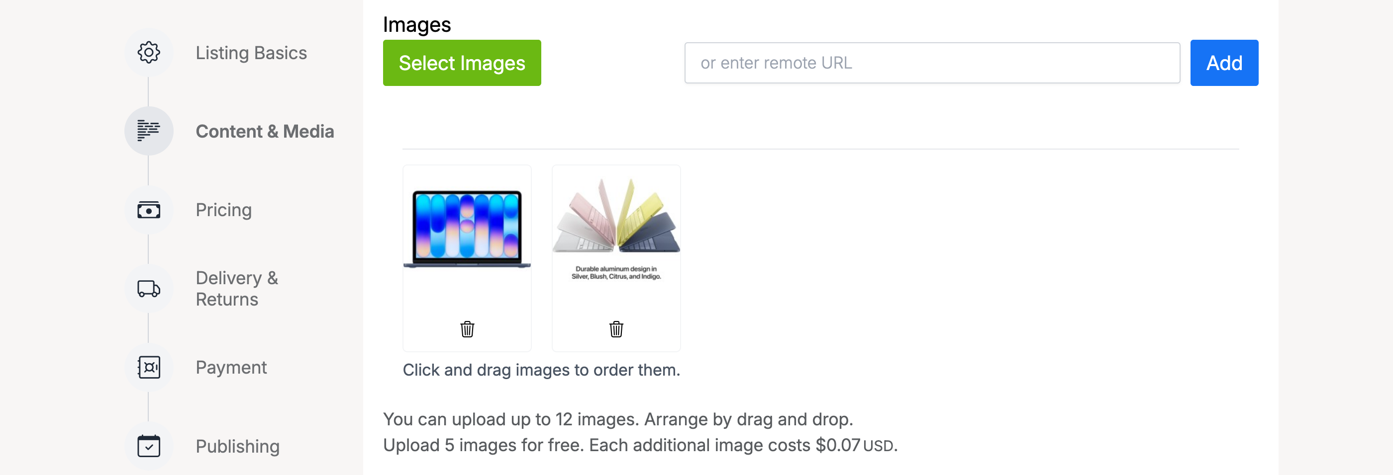 PHP Pro Bid — Content and Media tab showing image upload area with Select Images button, uploaded thumbnails, and upload limits