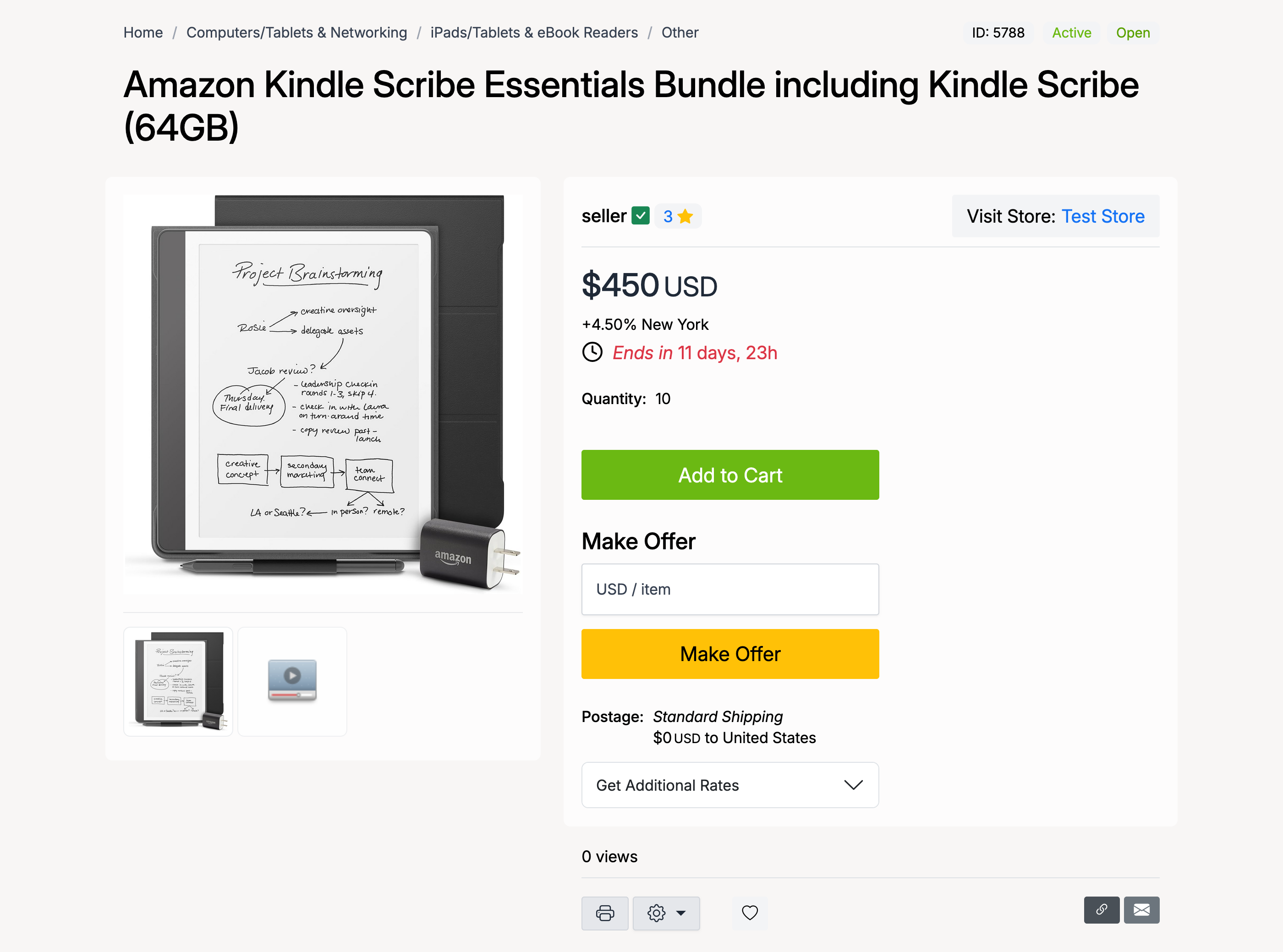 PHP Pro Bid — Live product listing page showing the item with price, Add to Cart button, Make Offer, shipping details, and countdown timer