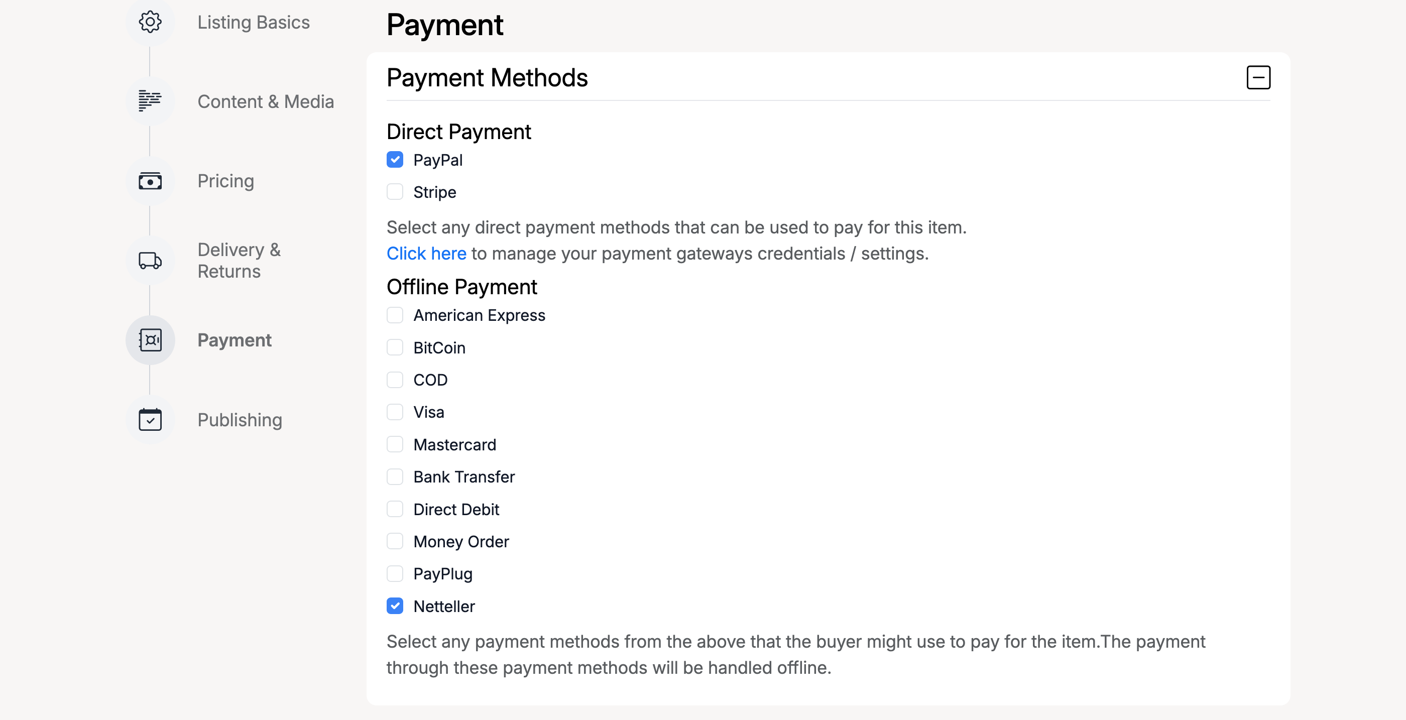 PHP Pro Bid — Payment section showing Direct Payment gateway selection (Stripe) and Offline Payment methods (American Express, BitCoin, COD, Visa, etc.)