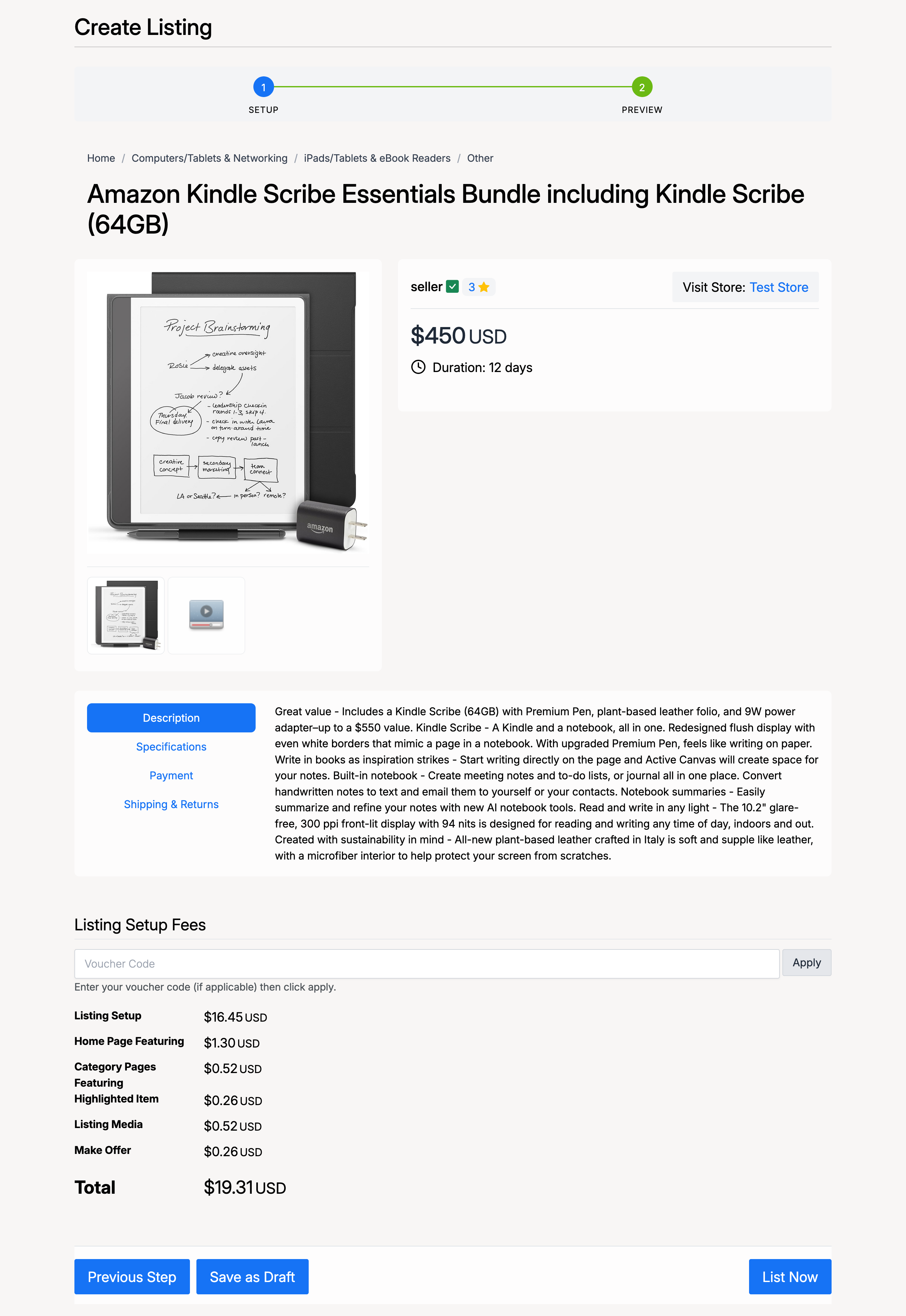 PHP Pro Bid — Listing preview showing the item as buyers will see it, plus a Listing Setup Fees table with individual fees and total