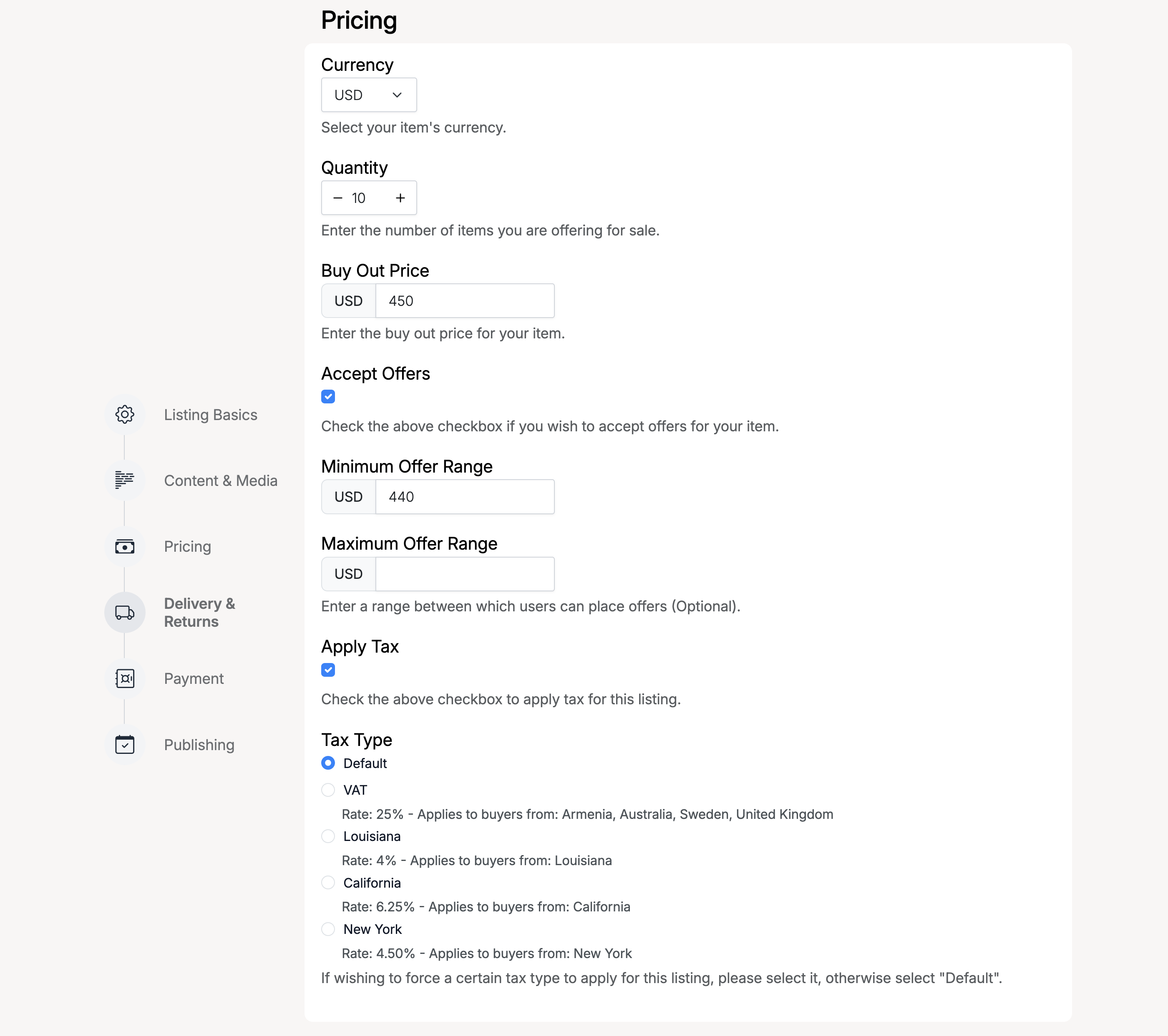PHP Pro Bid — Pricing section showing Currency, Quantity, Buy Out Price, Accept Offers with min/max range, Apply Tax, and Tax Type options