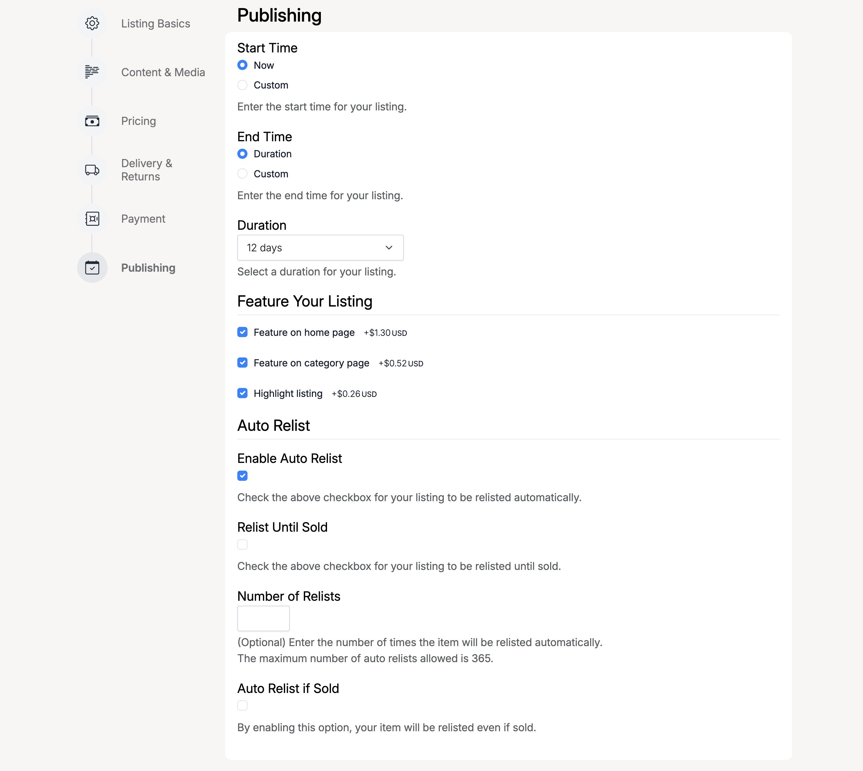 PHP Pro Bid — Publishing section showing Start Time, End Time with Duration, Feature Your Listing checkboxes with fees, and Auto Relist options