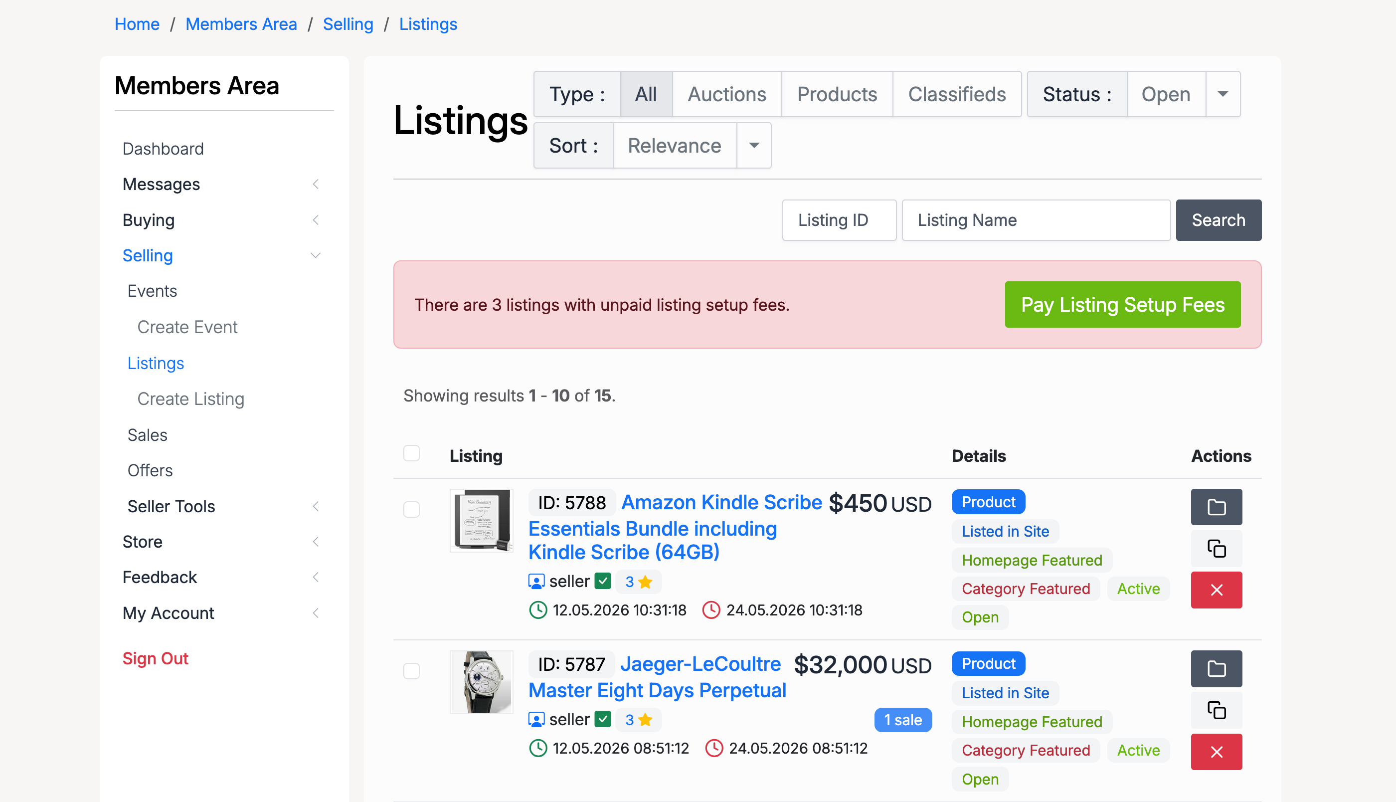 PHP Pro Bid — Seller Listings page showing listing table with ID, title, price, type, status, and action buttons for edit, close, and delete