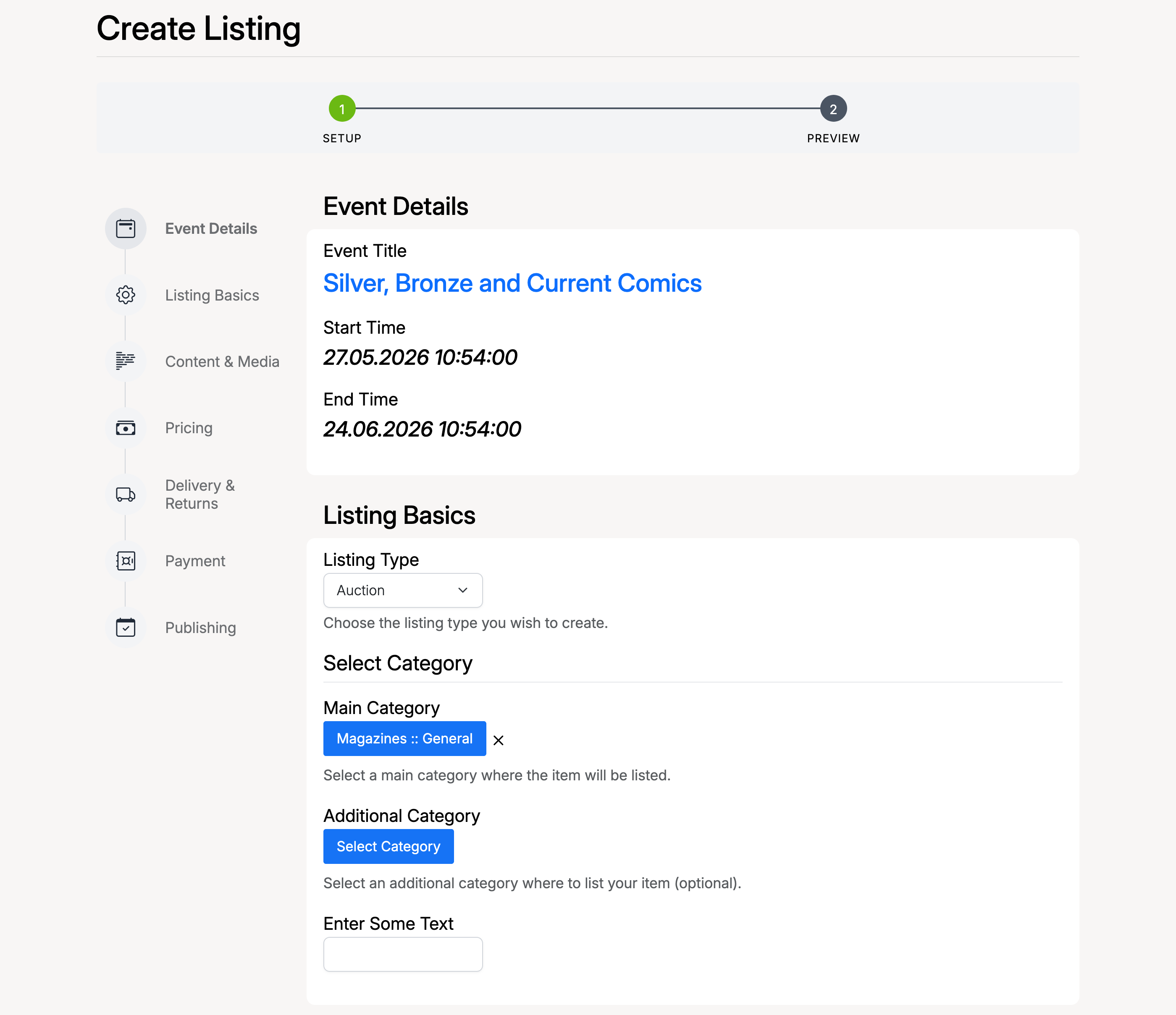 PHP Pro Bid — Create Listing for an event, showing Event Details and Listing Basics with listing type, category selection