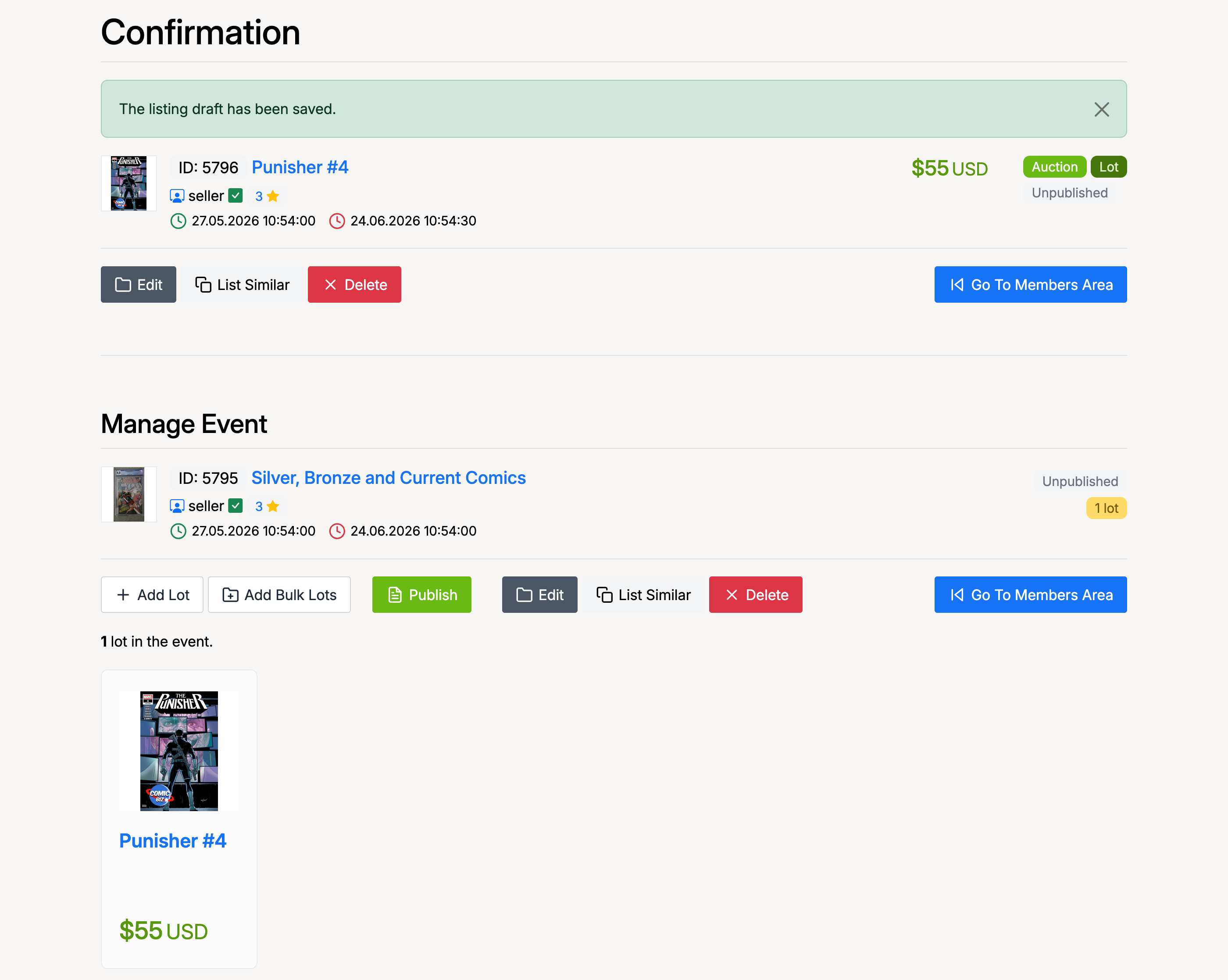 PHP Pro Bid — Lot saved confirmation with Manage Event section below showing 1 lot added to the event