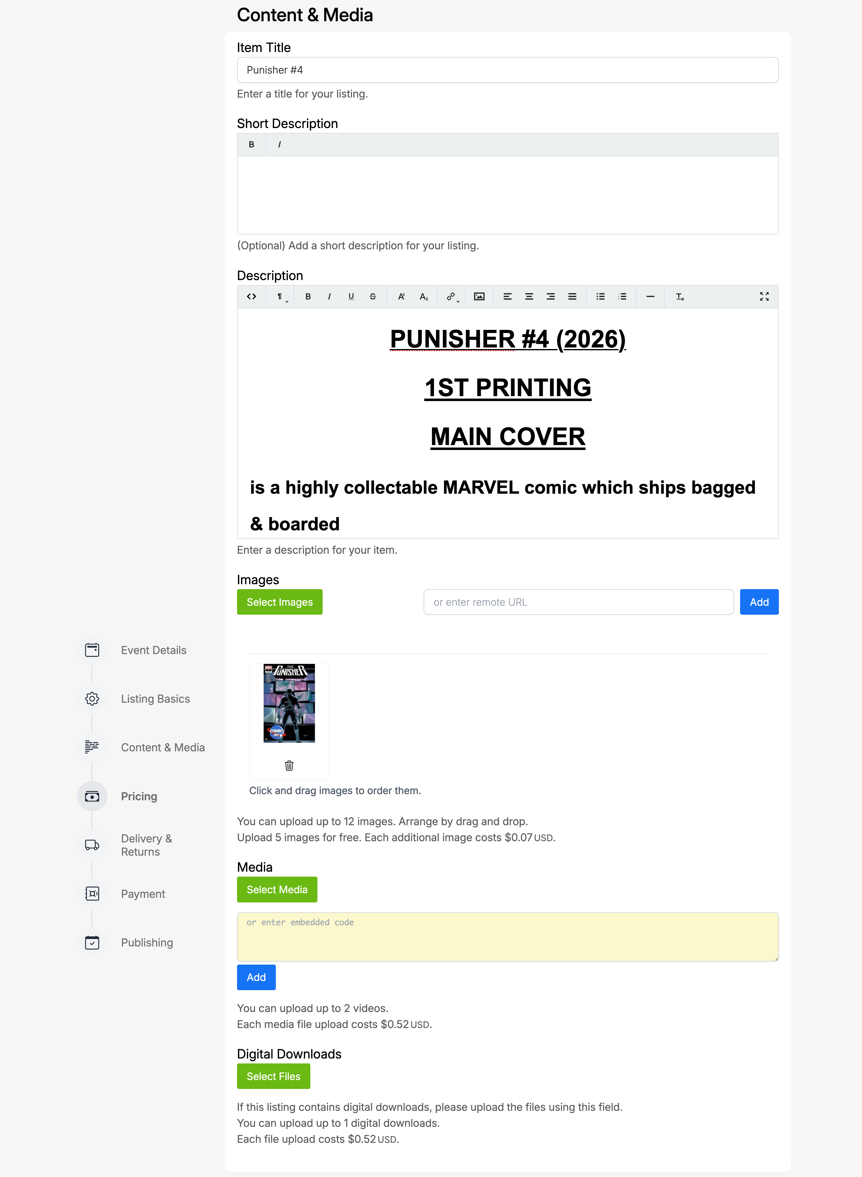 PHP Pro Bid — Event lot Content & Media step with item title, description, images, media, and digital downloads