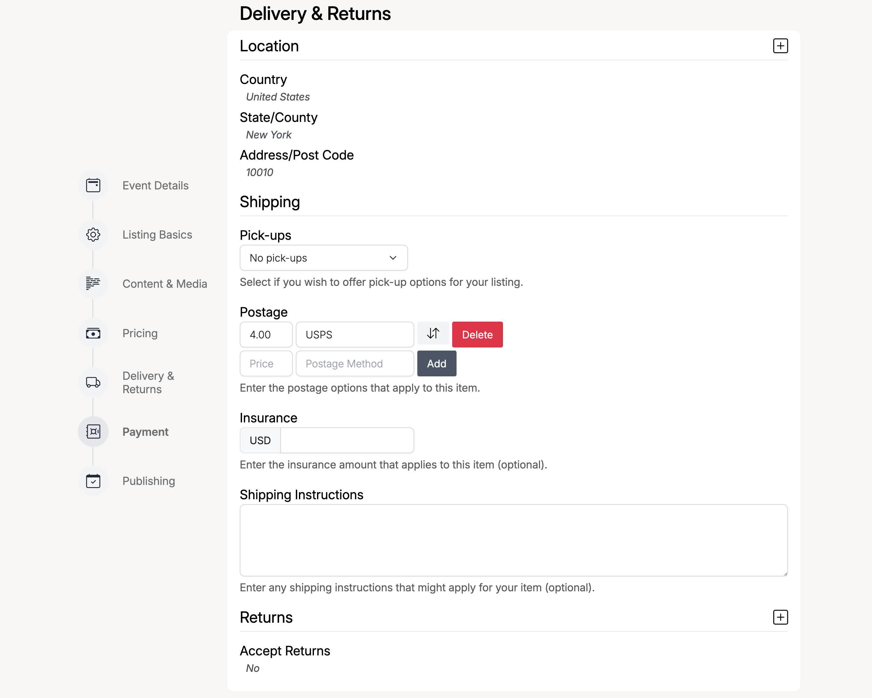 PHP Pro Bid — Event lot Delivery & Returns step with location, shipping, postage, insurance, and returns