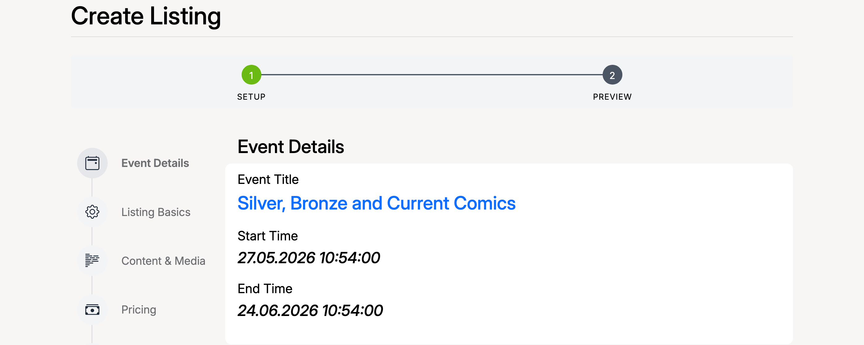 PHP Pro Bid — Create Listing for an event, showing Event Details with event title, start time, and end time