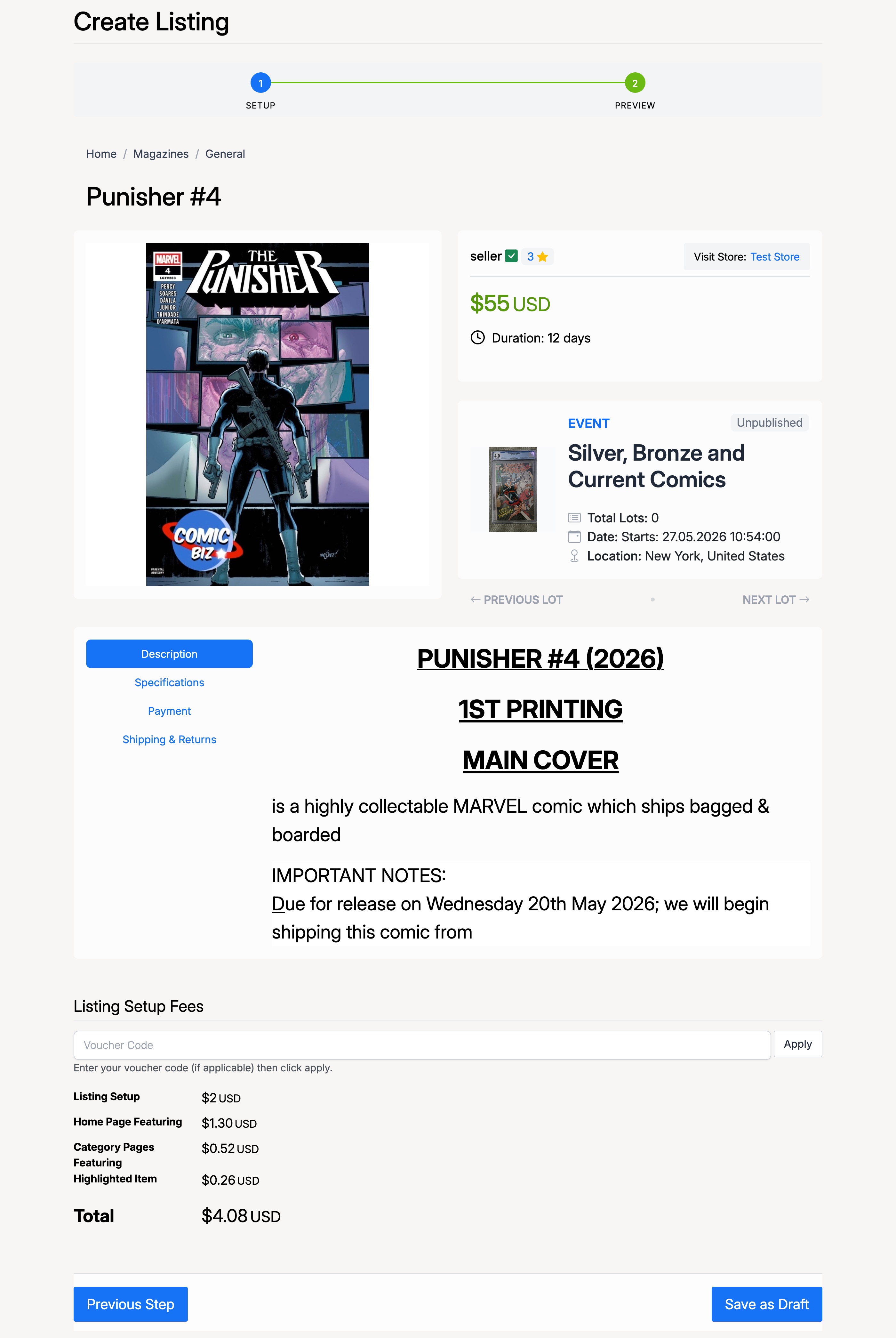 PHP Pro Bid — Event lot preview showing listing details, event information box, and listing setup fees breakdown