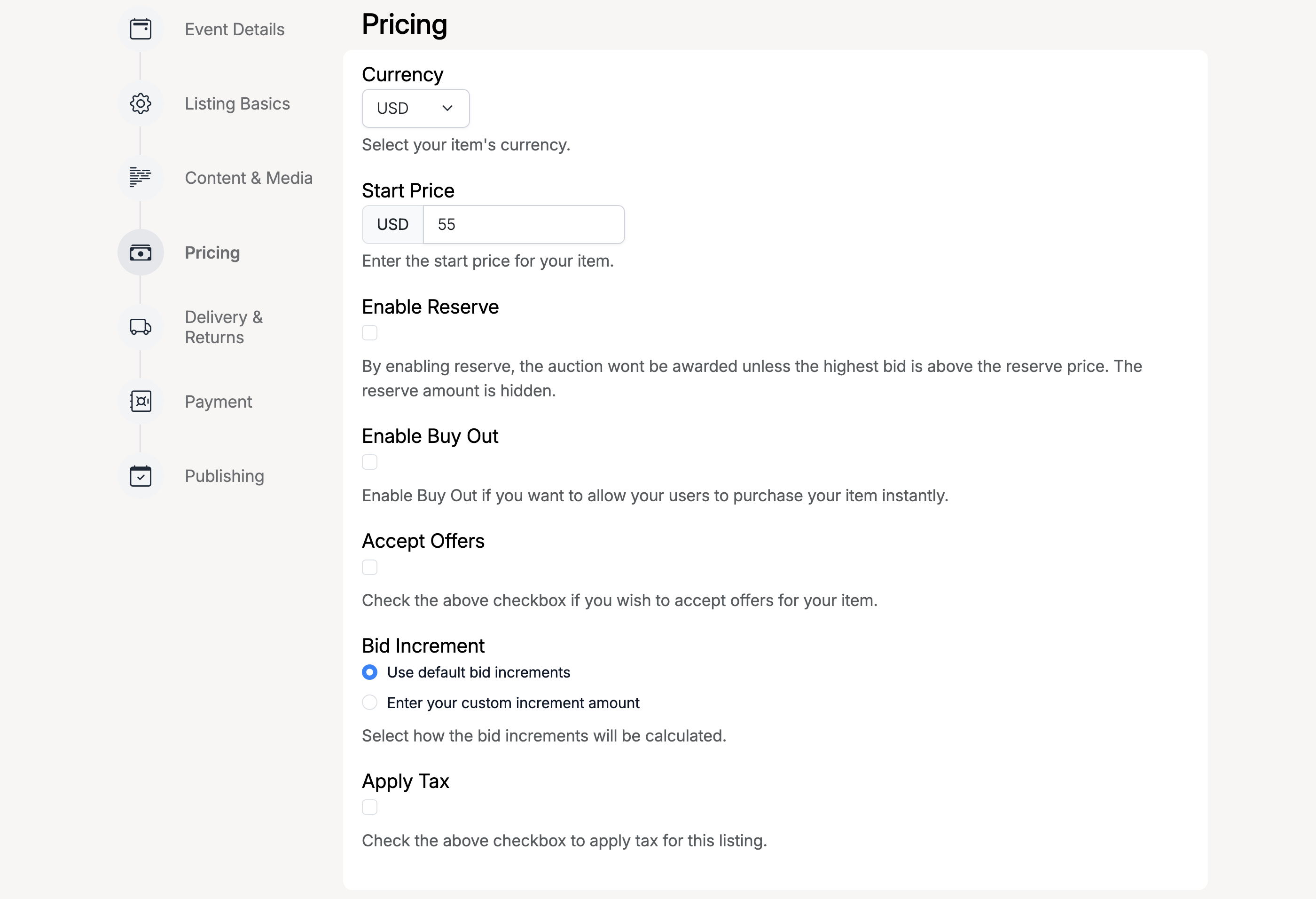 PHP Pro Bid — Event lot Pricing step with currency, start price, reserve, buy out, accept offers, bid increment, and tax options