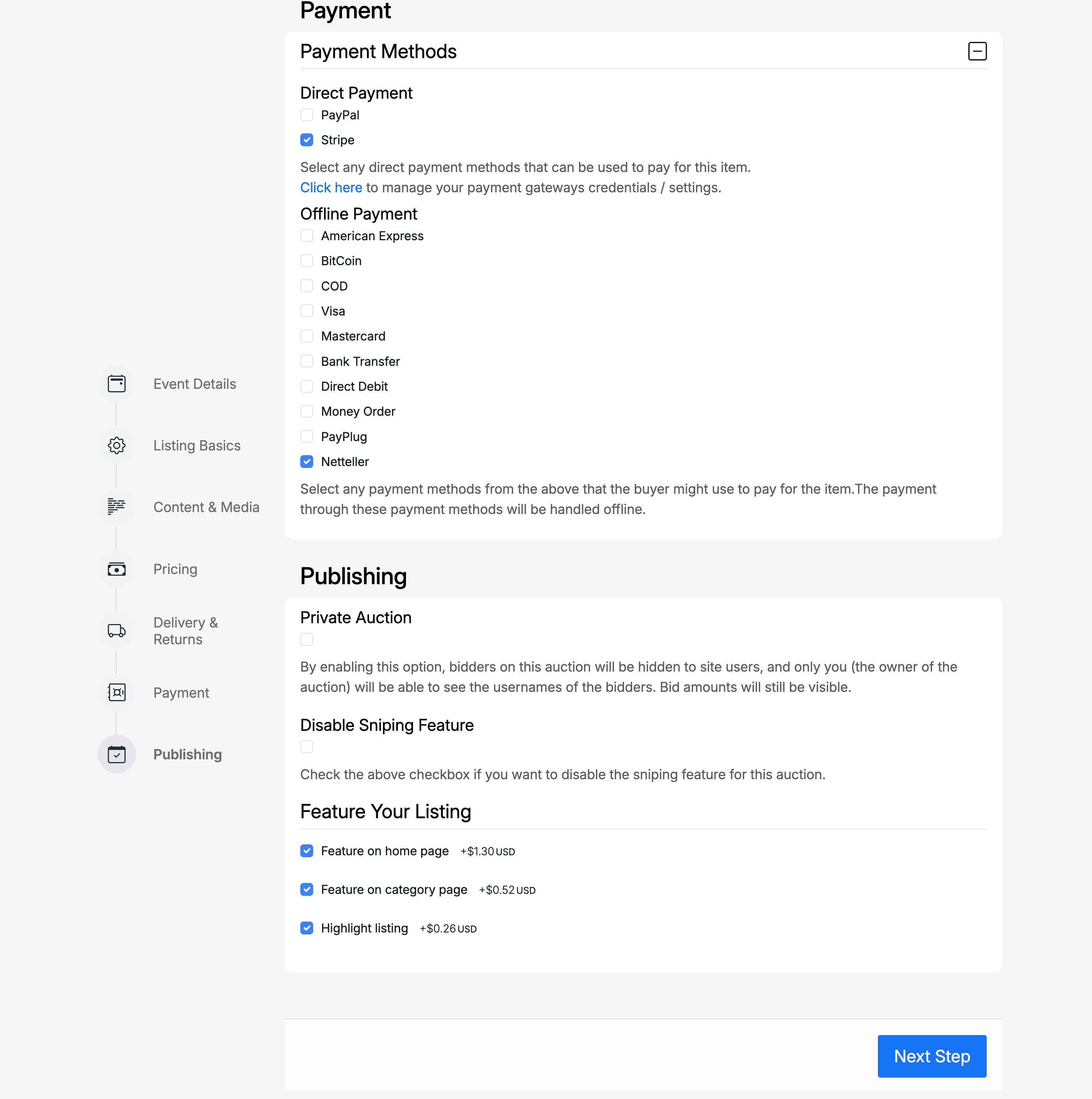 PHP Pro Bid — Event lot Payment & Publishing step with payment methods, private auction, sniping, and featuring options
