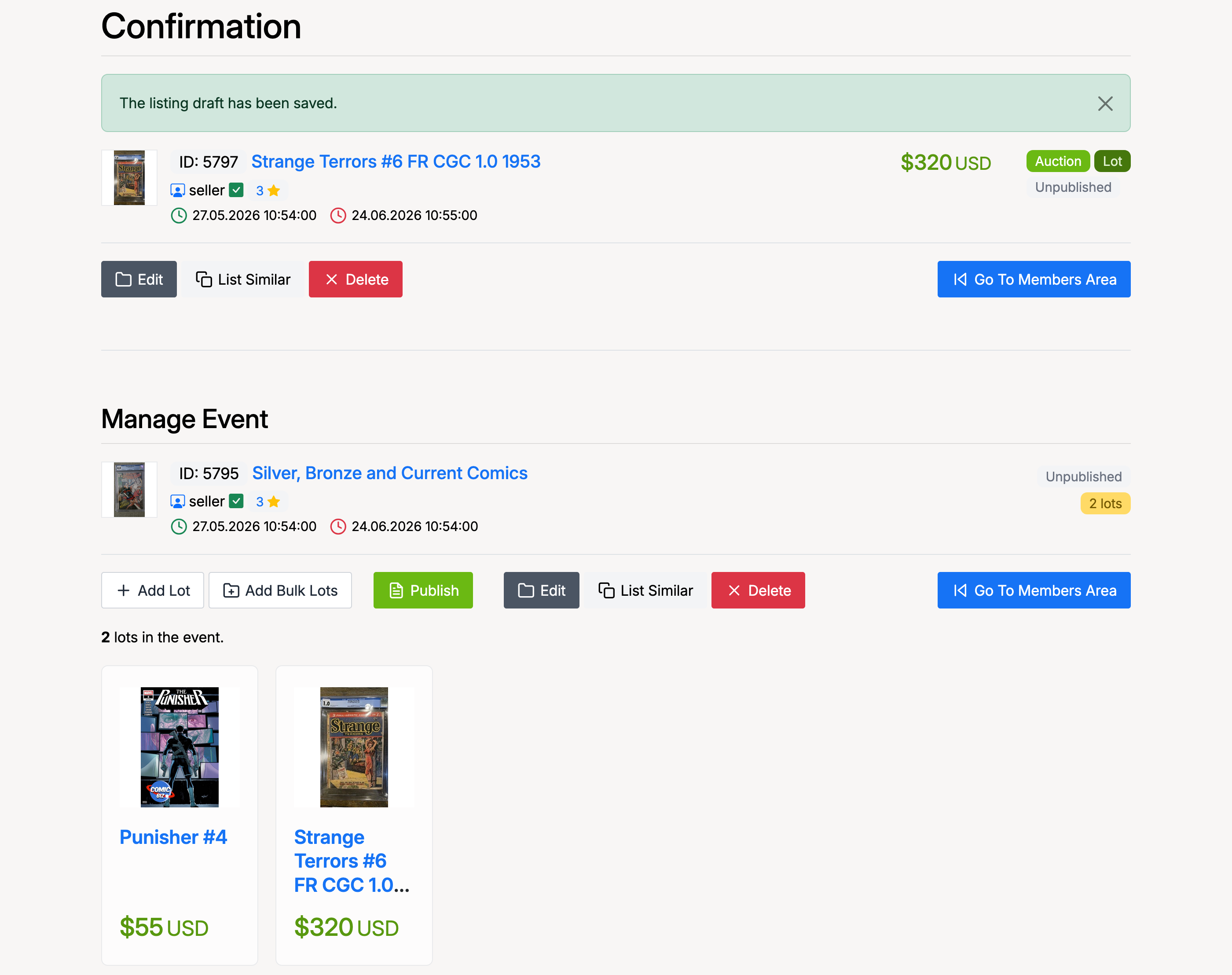 PHP Pro Bid — Second lot confirmation with Manage Event section showing 2 lots in the event