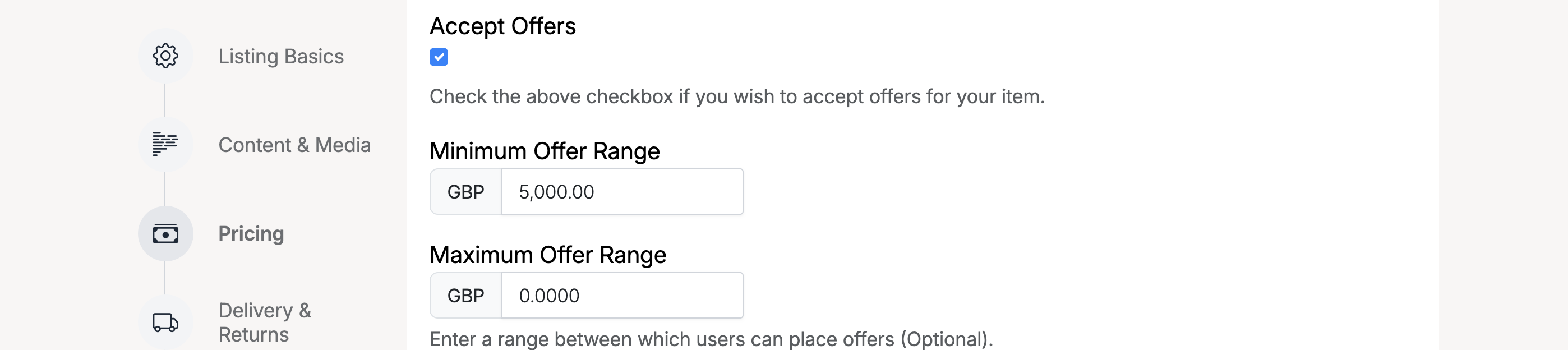 PHP Pro Bid — Seller listing creation showing Accept Offers checkbox, Minimum Offer Range, and Maximum Offer Range fields