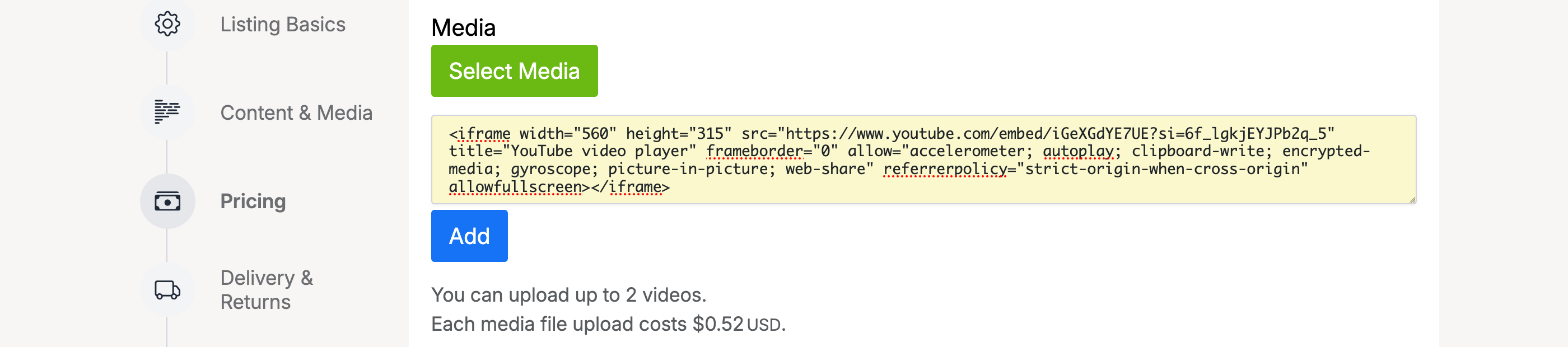 PHP Pro Bid — Content and Media tab showing embed code pasted into the media section