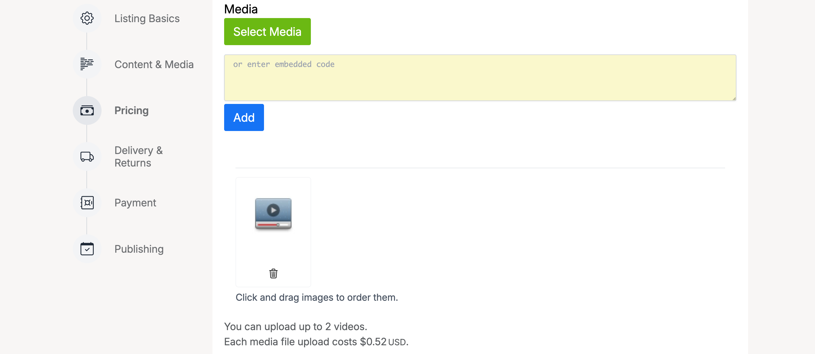 PHP Pro Bid — Content and Media tab showing video upload area with Select Video button and uploaded video file