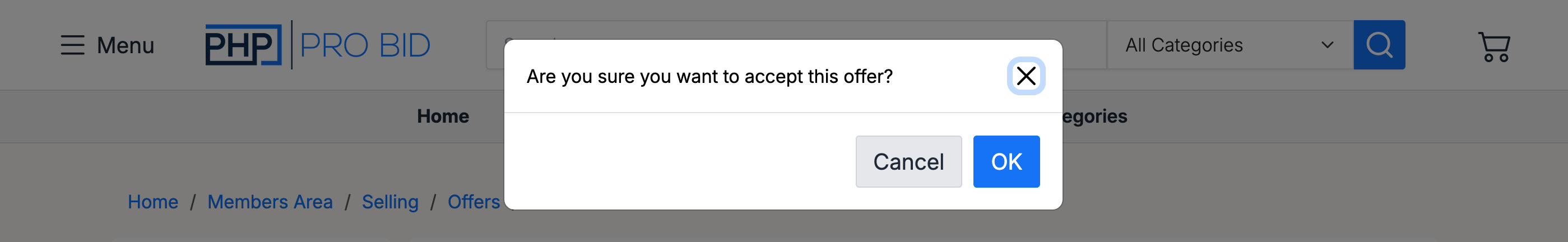 PHP Pro Bid — Accept offer confirmation popup