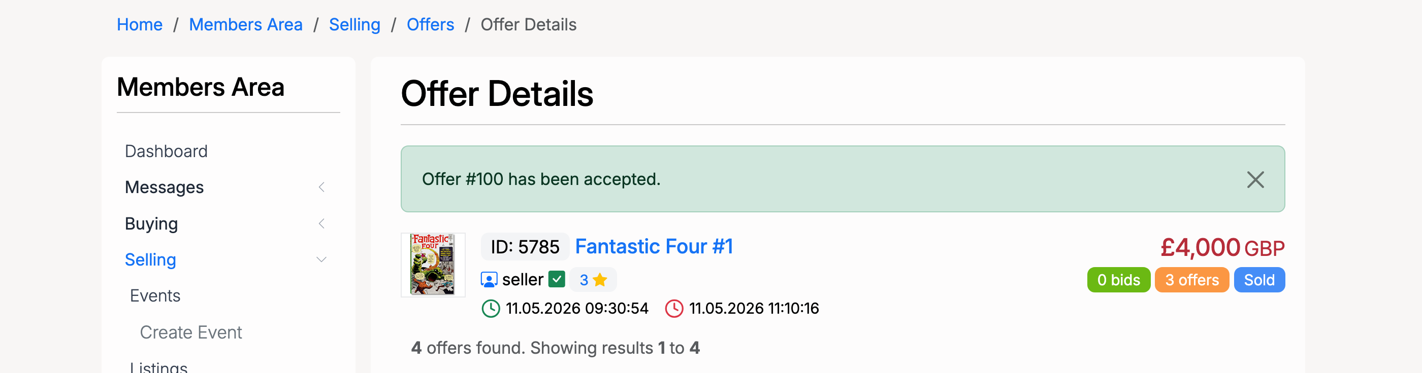 PHP Pro Bid — Offer accepted success message with Sold badge on listing