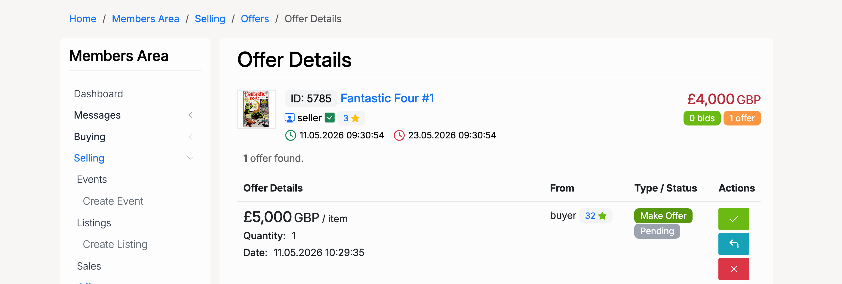 PHP Pro Bid — Offer Details page showing offer amount, buyer, pending status, and accept/counter/reject action buttons