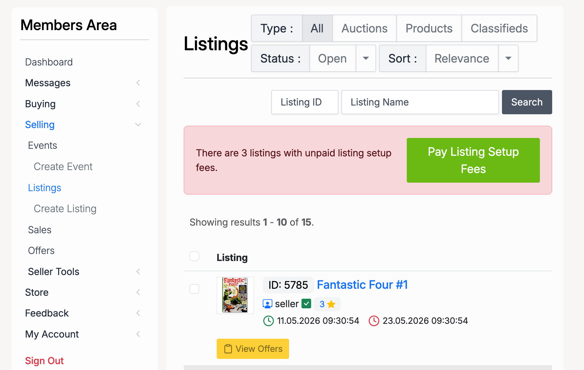 PHP Pro Bid — Seller listings page showing the View Offers button on a listing with active offers