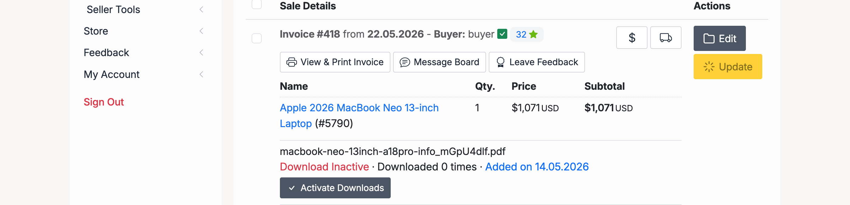 PHP Pro Bid — Sales page showing a completed sale with Edit and Update action buttons