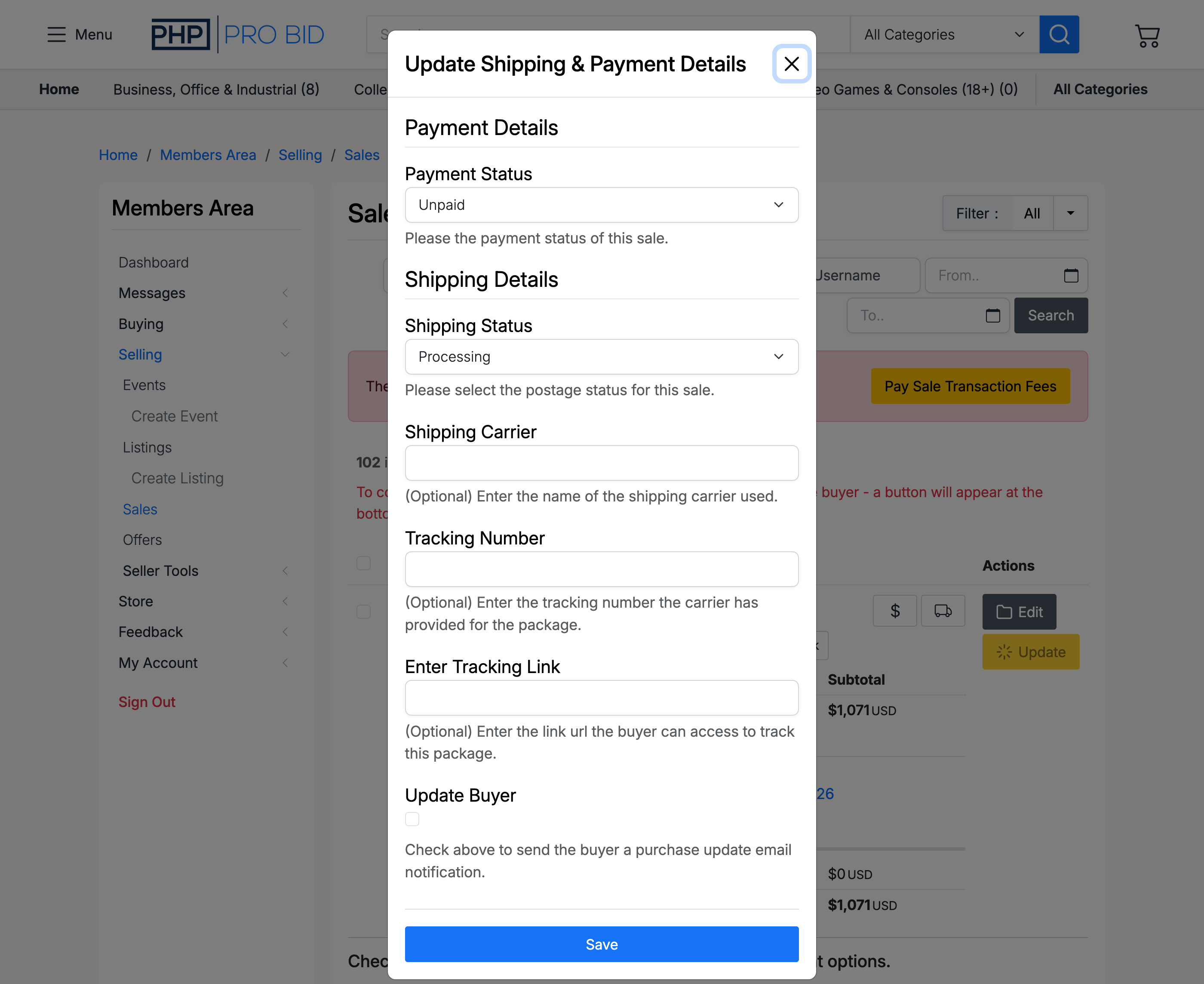 PHP Pro Bid — Update Shipping & Payment Details modal with payment status, shipping status, carrier, tracking number, tracking link, and update buyer fields