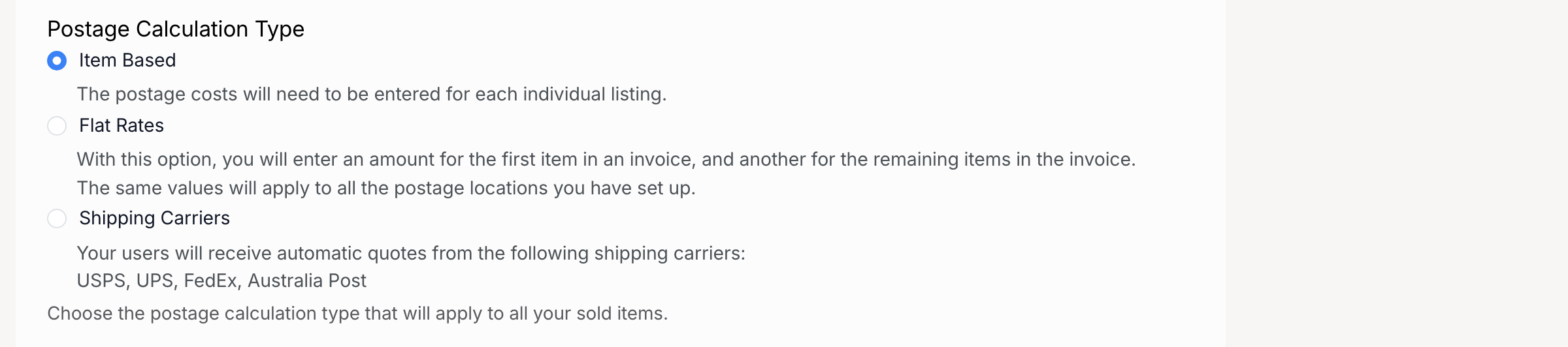 PHP Pro Bid — Postage Calculation Type with Item Based, Flat Rates, and Shipping Carriers options