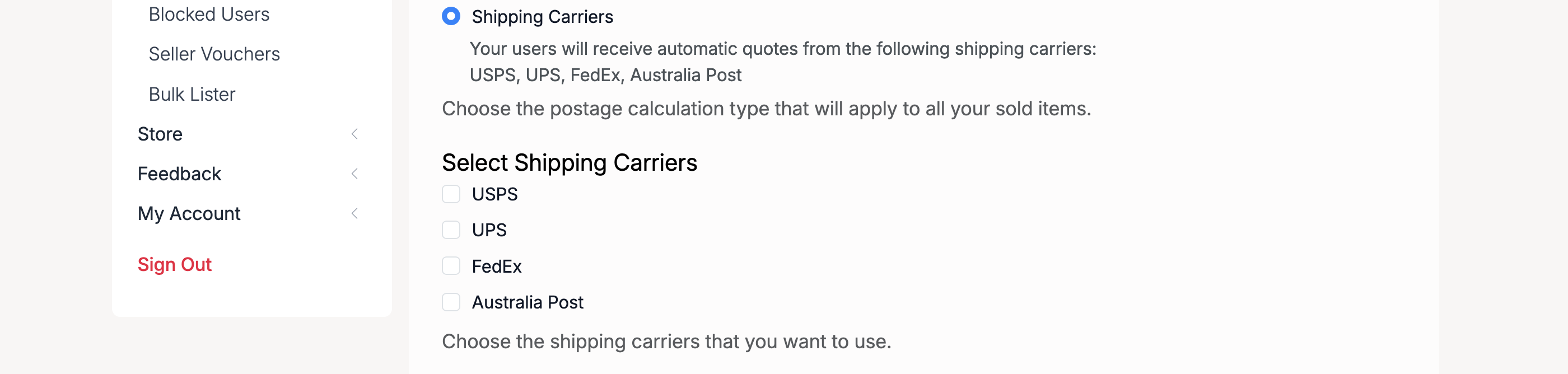 PHP Pro Bid — Select Shipping Carriers section with USPS, UPS, FedEx, and Australia Post checkboxes