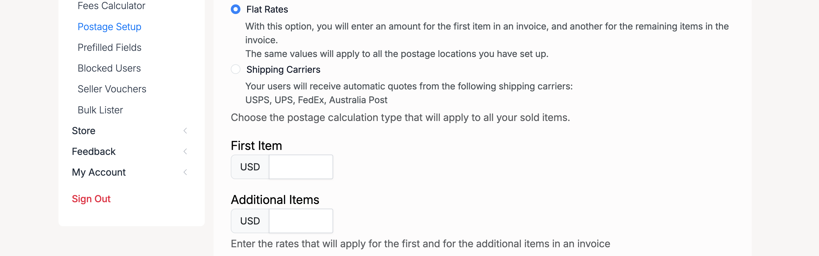 PHP Pro Bid — Flat Rates fields showing First Item and Additional Items rate inputs