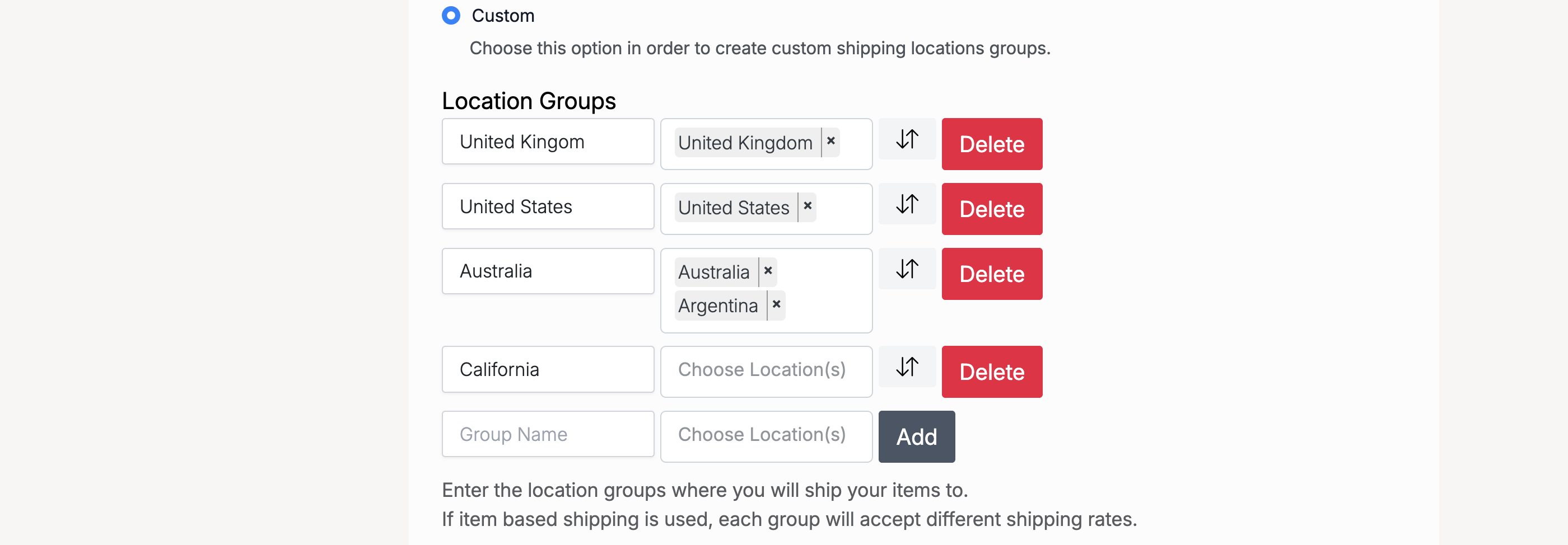 PHP Pro Bid — Location Groups section showing custom groups with country assignments and Delete buttons